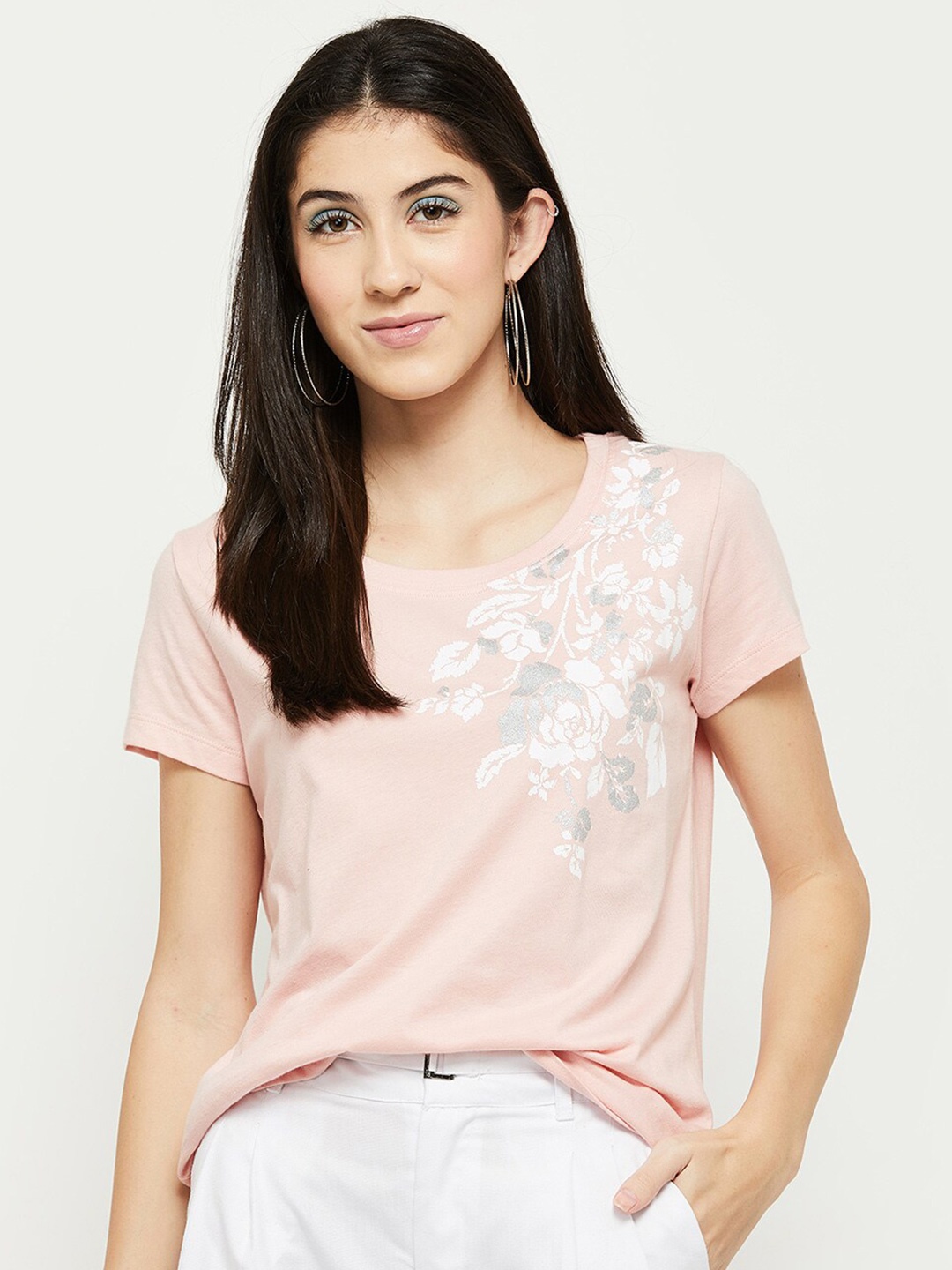 

max Women Pink Floral Printed T-shirt