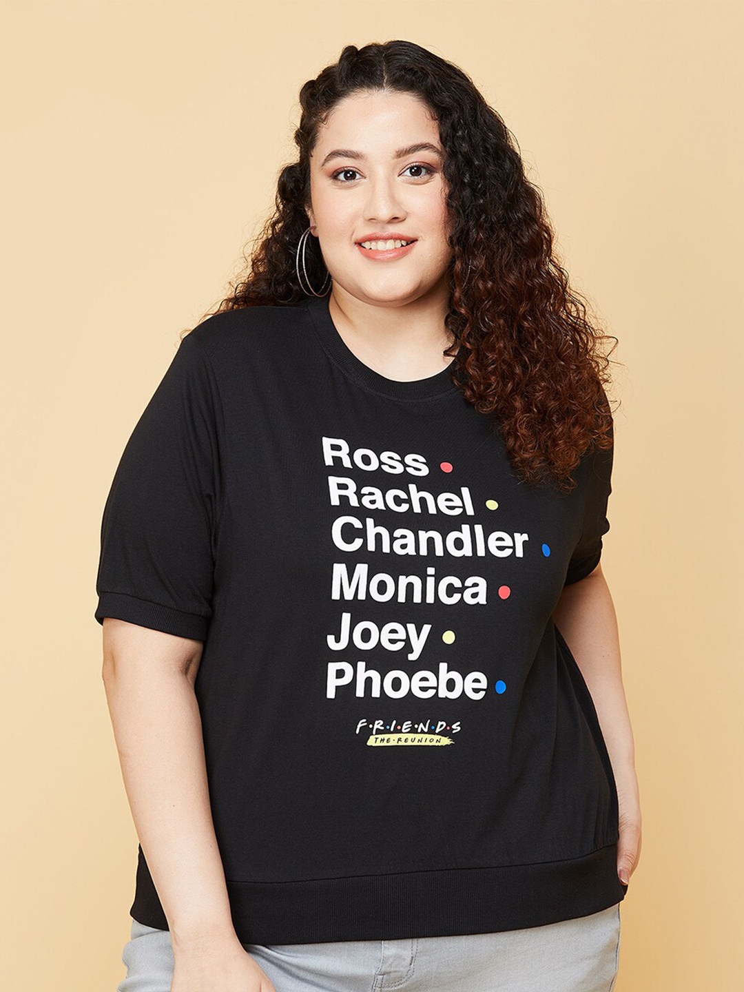 

max Women Plus Size Black Typography Printed Pure Cotton T-shirt