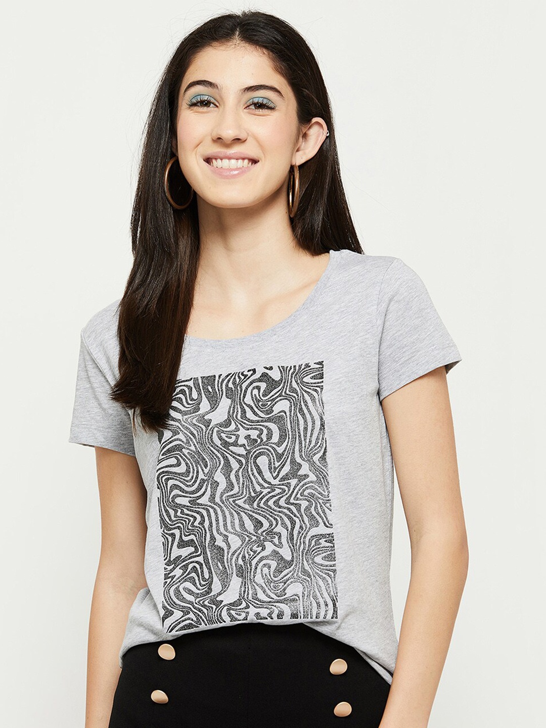

max Women Grey Printed Pure Cotton T-shirt