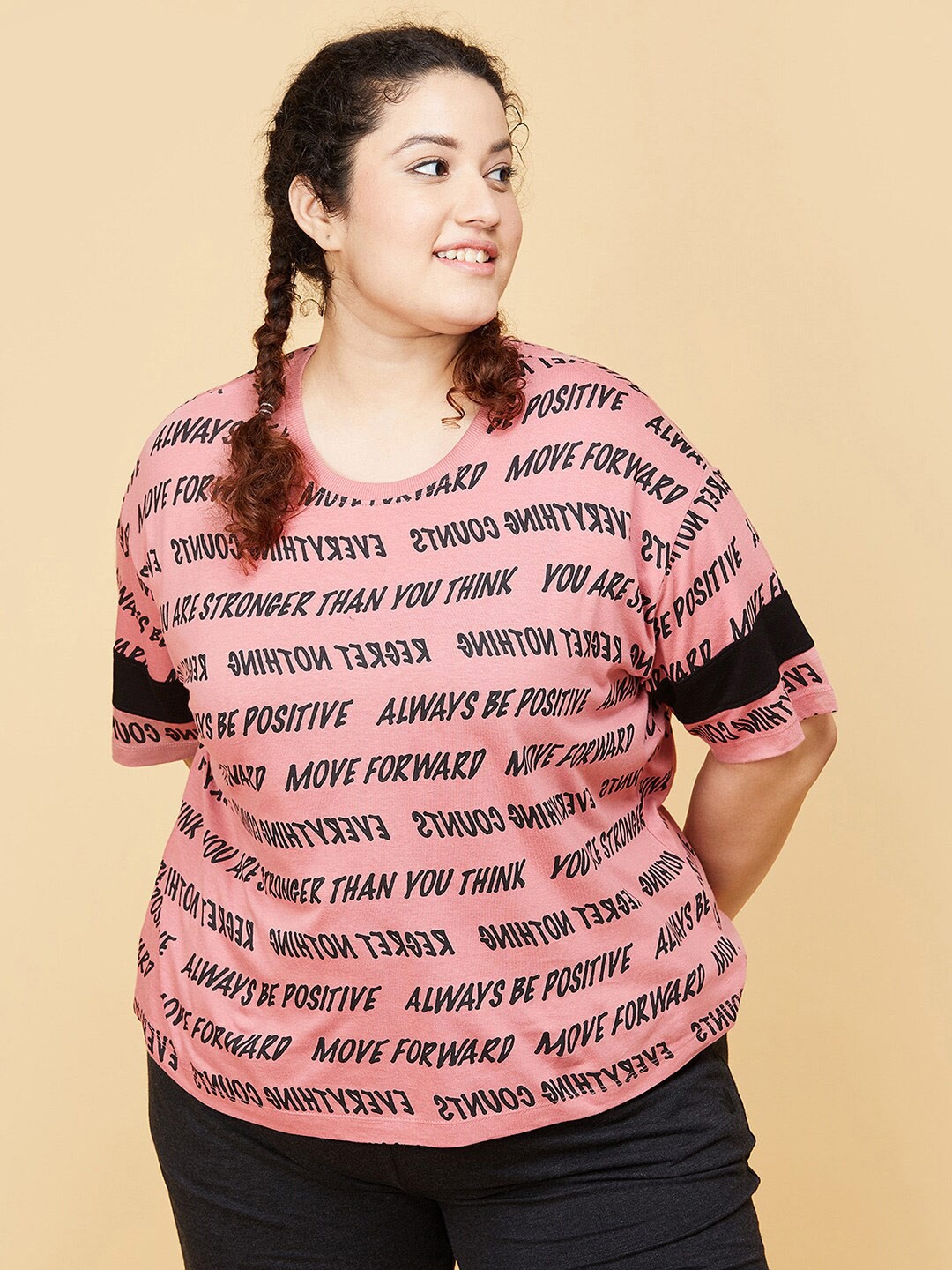 

max Women Peach-Coloured & Black Typography Printed T-shirt