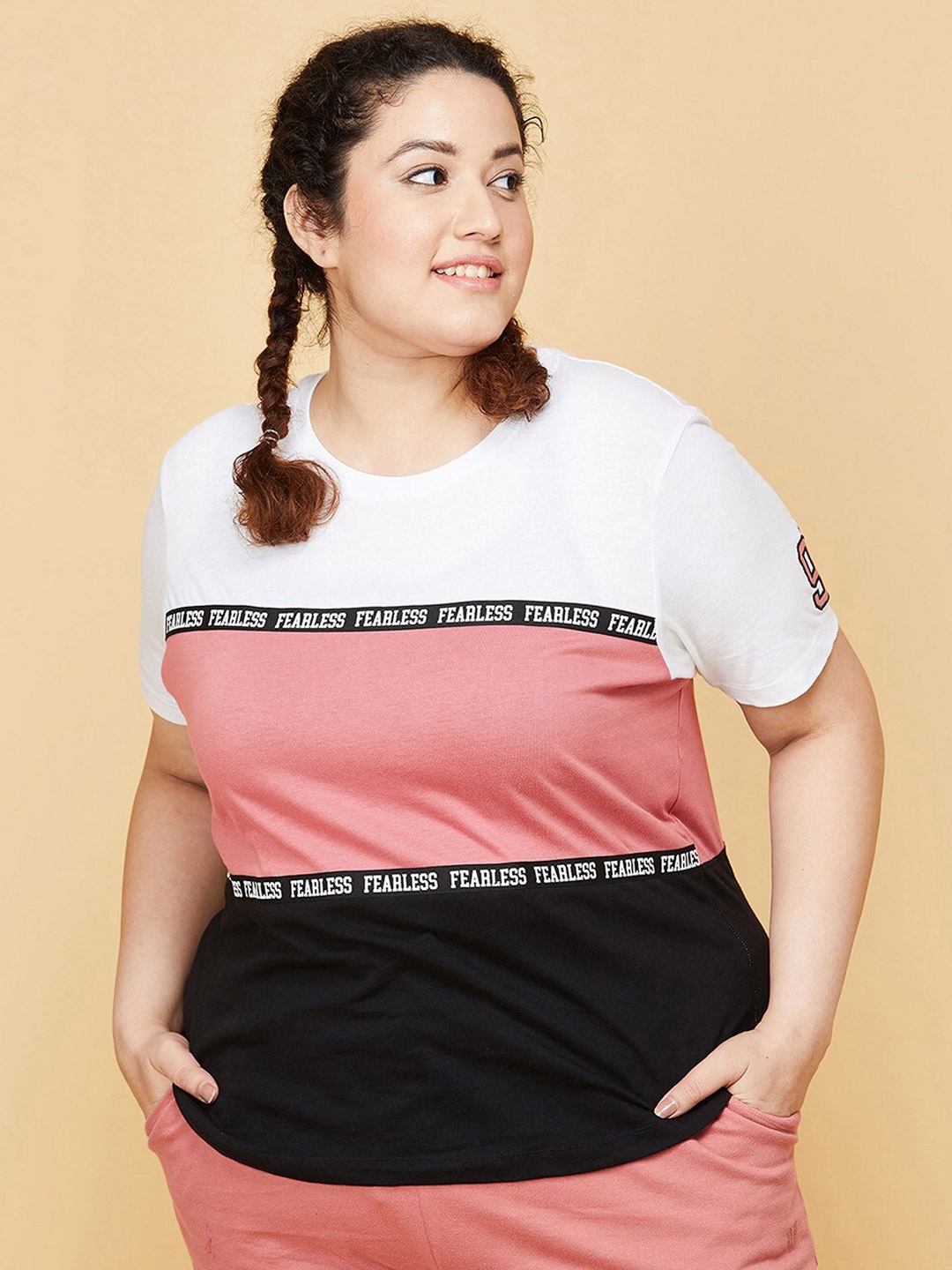 

max Women White & Coral Plus Size Colourblocked Pure Cotton T-shirt