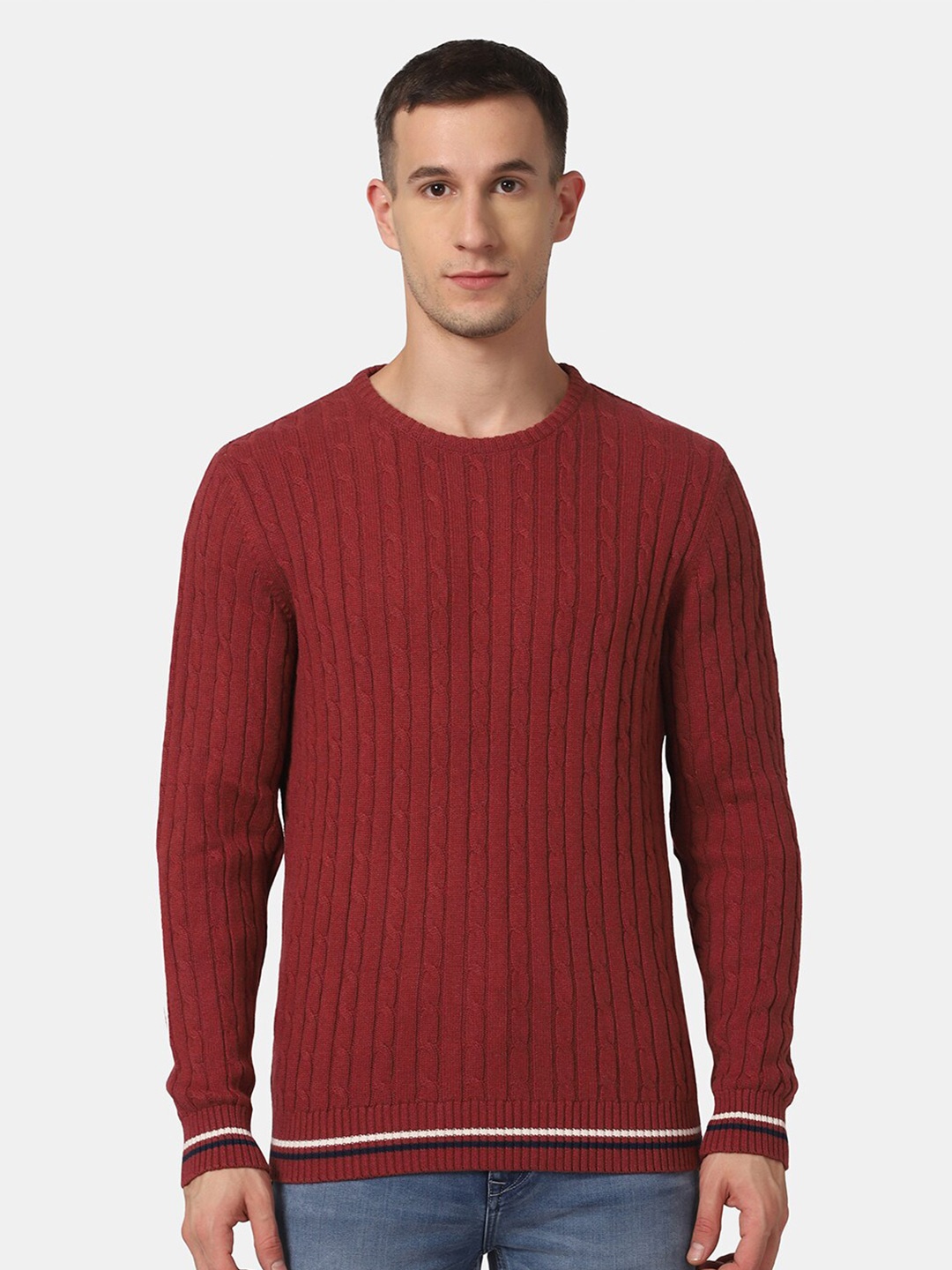 

Blackberrys Men Red & White Cotton Cable Knit Pullover