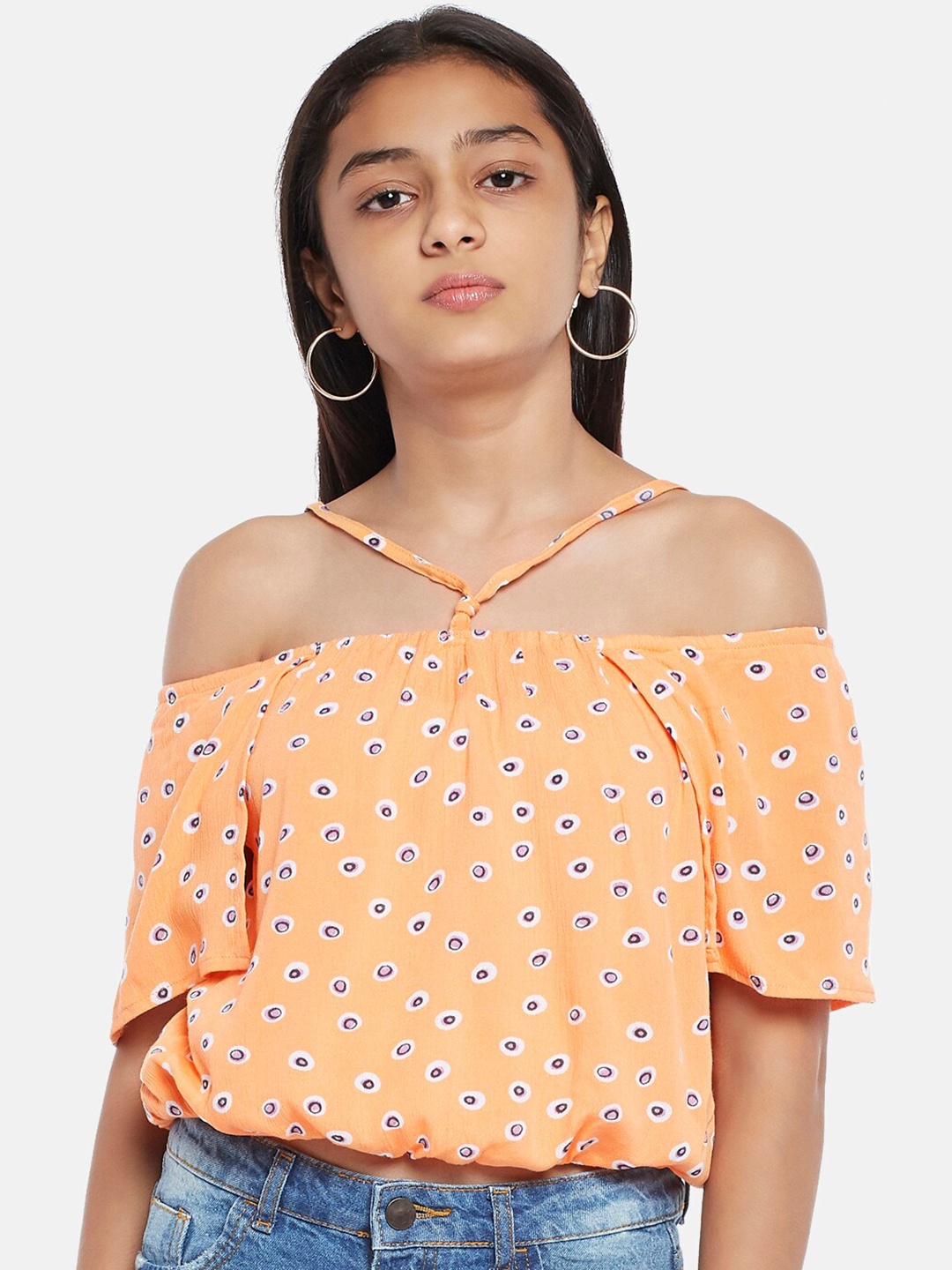 

Coolsters by Pantaloons Orange & Purple Geometric Print Blouson Crop Top