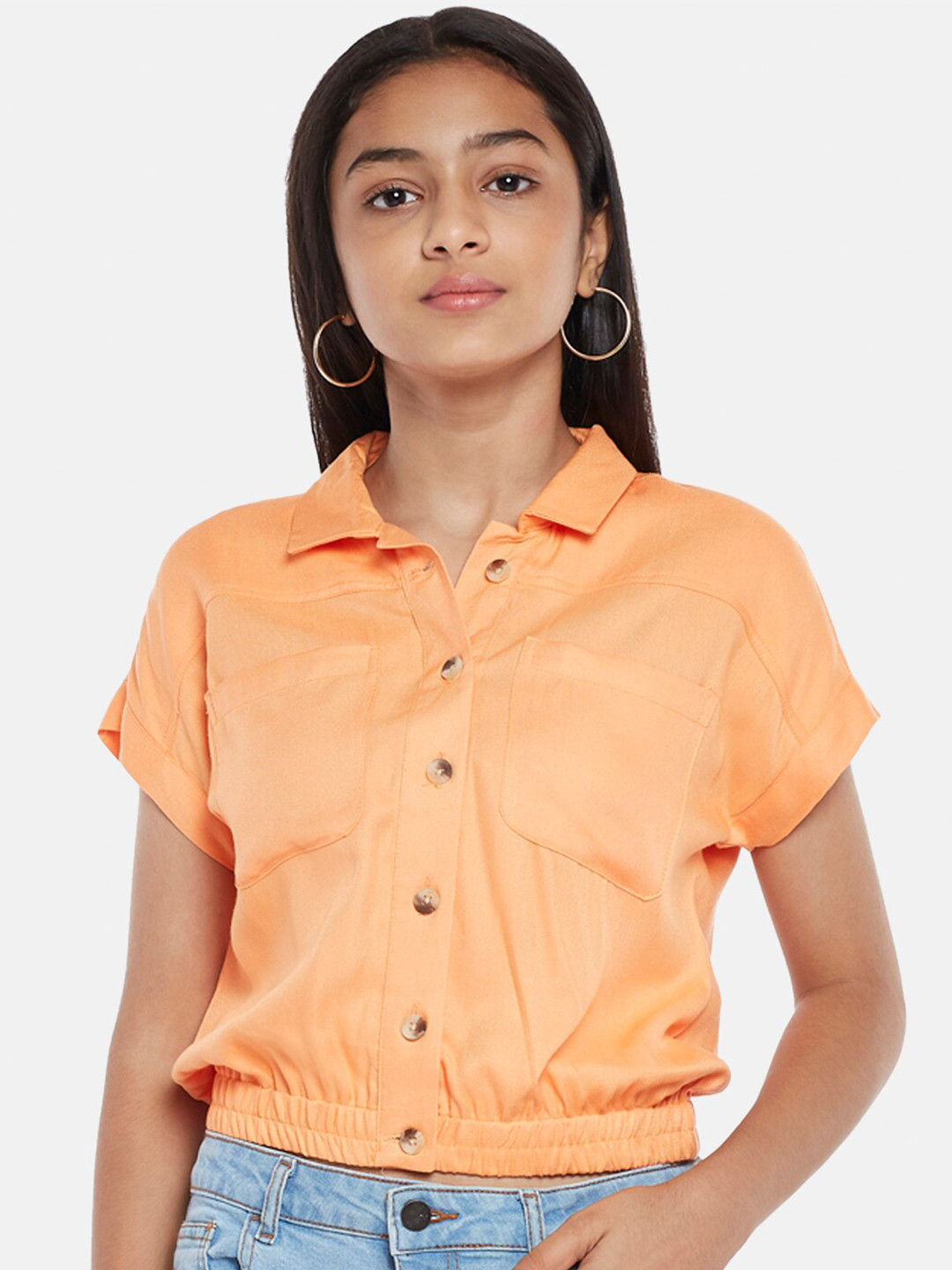 

Coolsters by Pantaloons Orange Pure Cotton Shirt Style Crop Top
