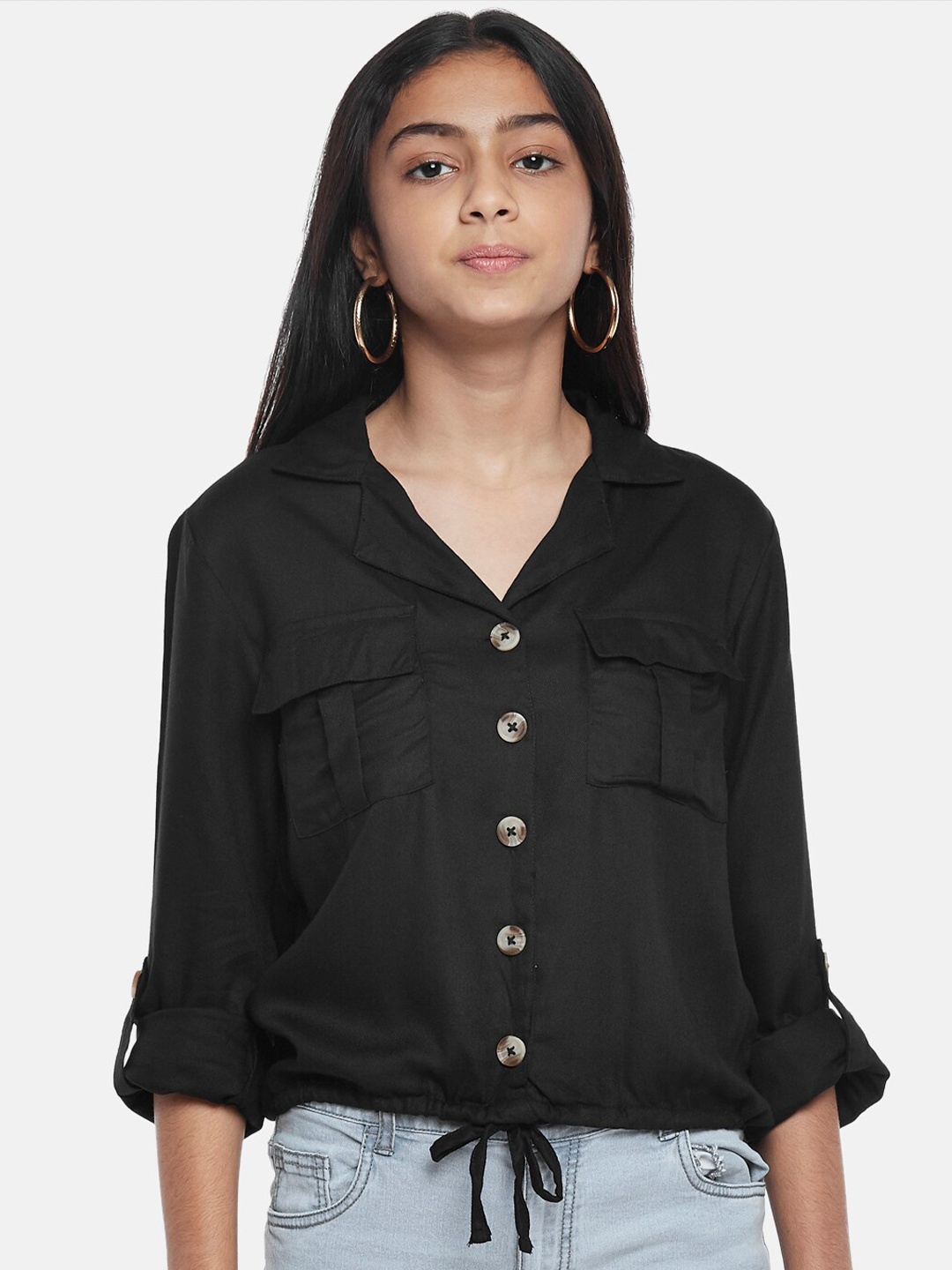 

Coolsters by Pantaloons Black Roll-Up Sleeves Pure Cotton Shirt Style Top