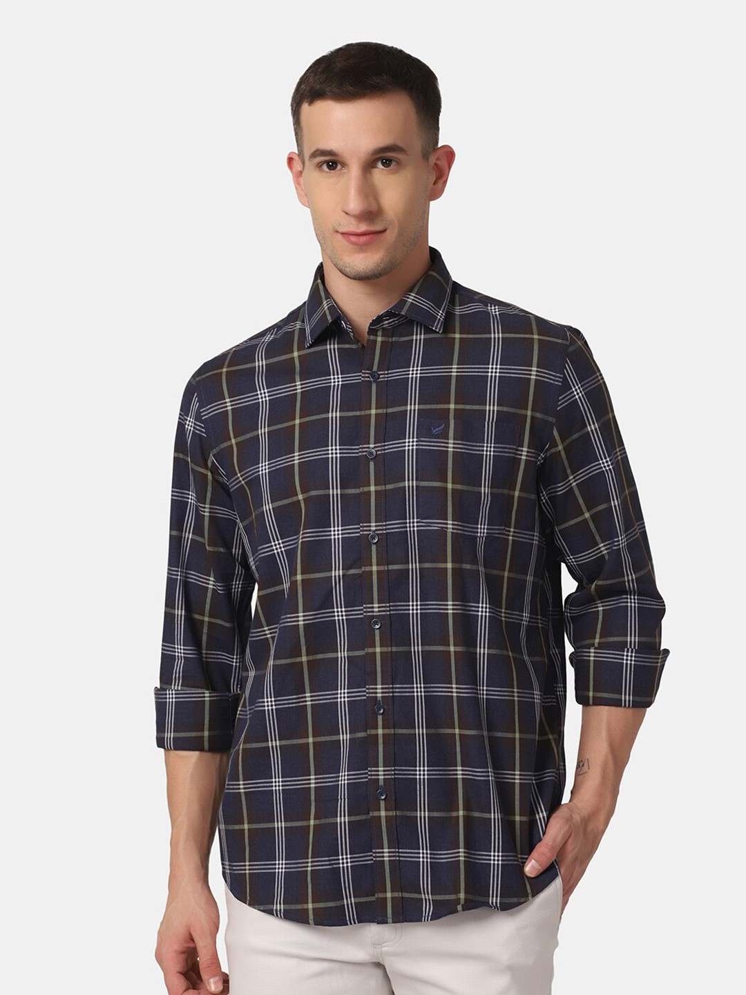 

Blackberrys Men Navy Blue Slim Fit Tartan Checks Checked Cotton Casual Shirt