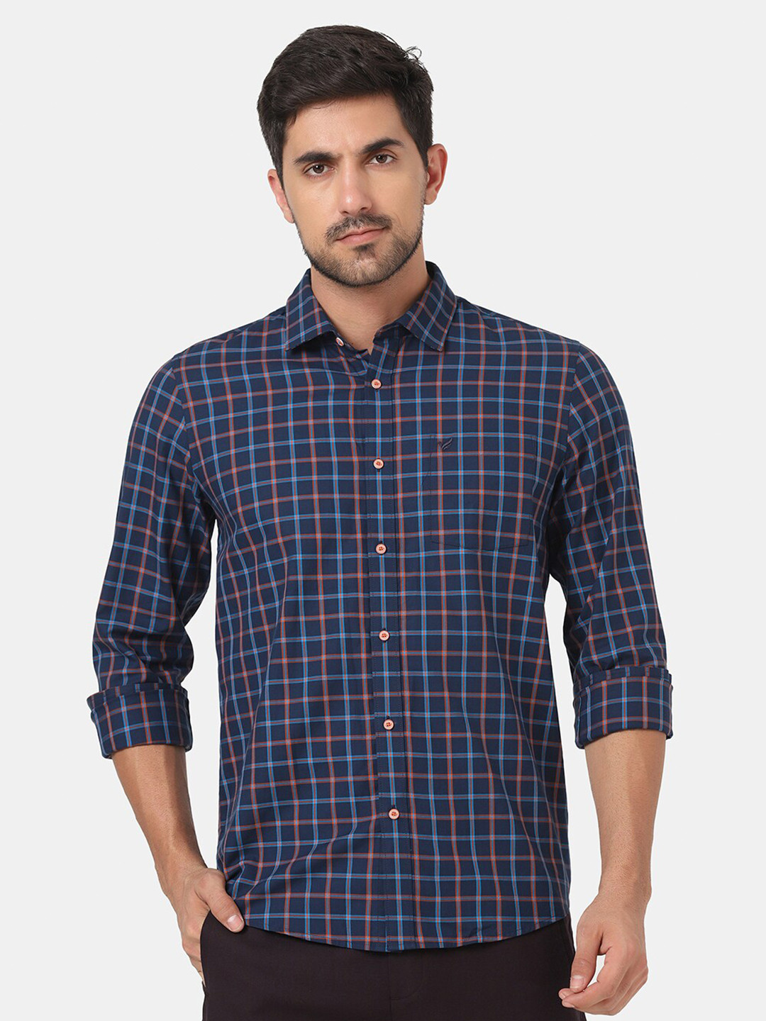 

Blackberrys Men Navy Blue Slim Fit Checked Pure Cotton Casual Shirt