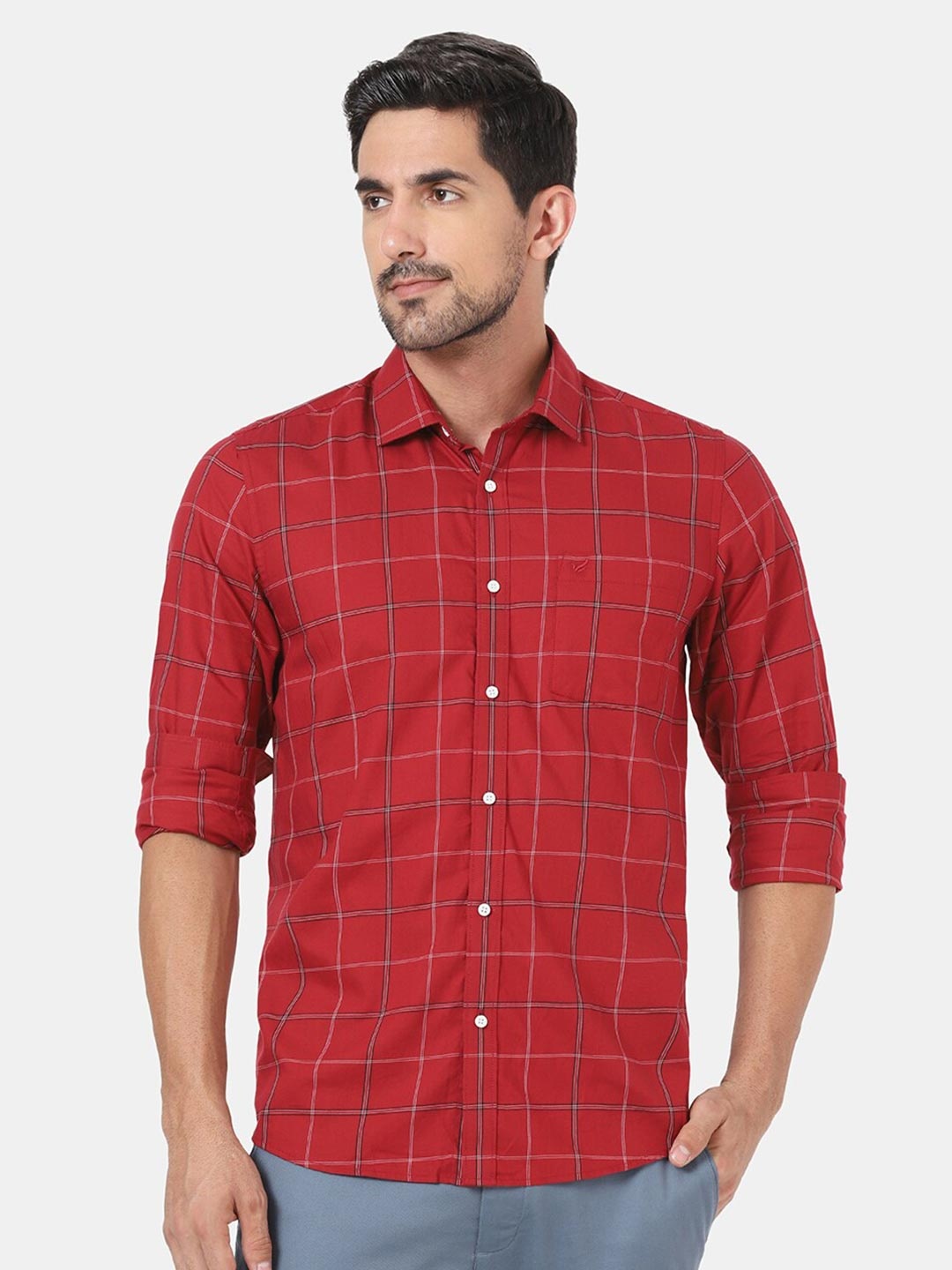 

Blackberrys Men Red Slim Fit Windowpane Checks Checked Pure Cotton Casual Shirt