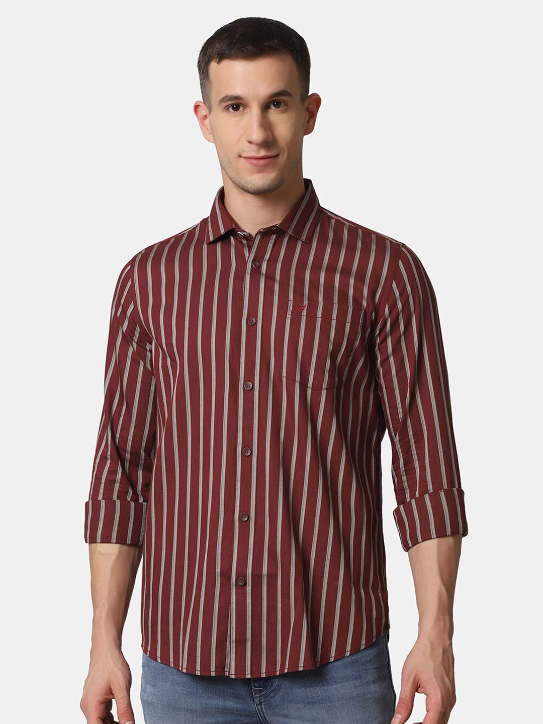 

Blackberrys Men Red Slim Fit Striped Pure Cotton Casual Shirt
