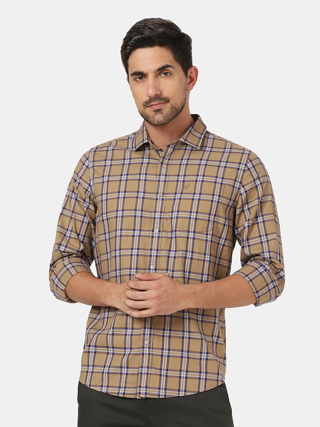 

Blackberrys Men Beige Slim Fit Tartan Checks Checked Pure Cotton Casual Shirt