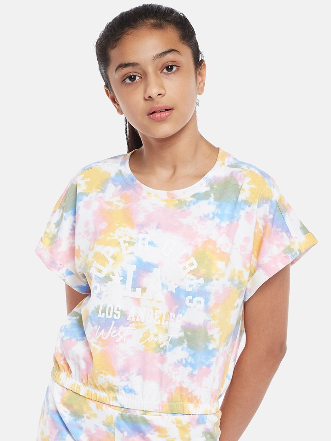 

Coolsters by Pantaloons Girls White and pink Dyed Extended Sleeves Raw Edge T-shirt
