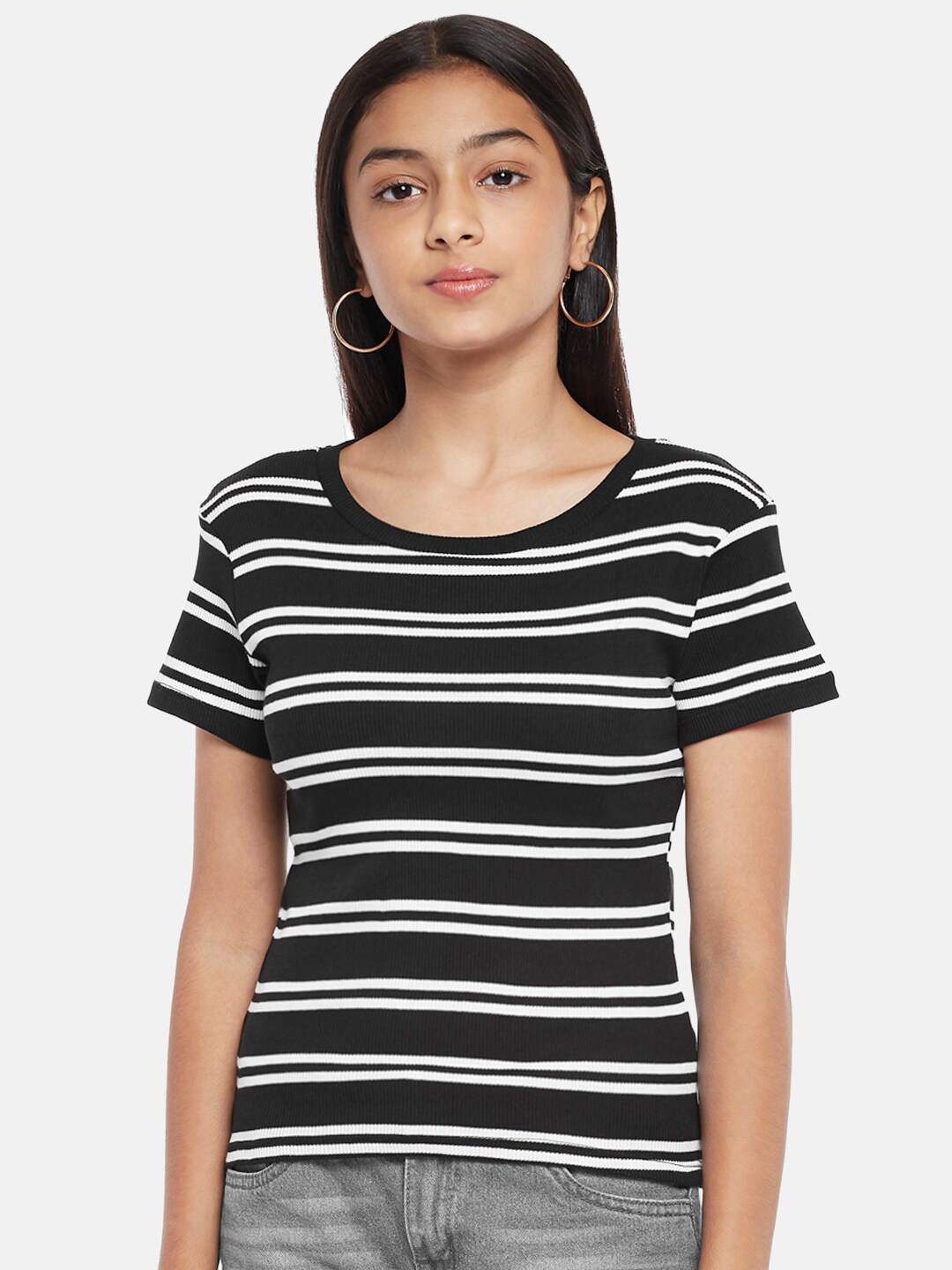 

Coolsters by Pantaloons Girls Black Striped Monochrome T-shirt