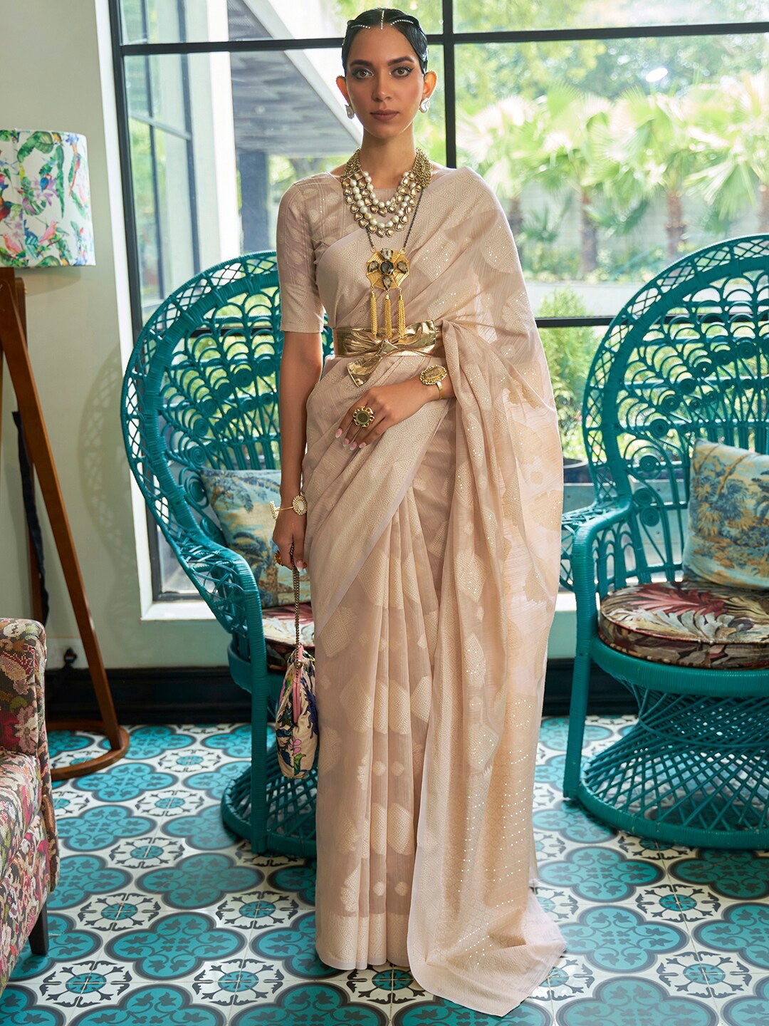 

Mitera Beige Bagh Silk Blend Muga Saree