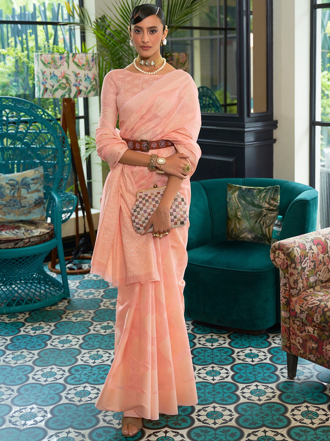 

Mitera Peach-Coloured & White Bagh Silk Blend Muga Saree