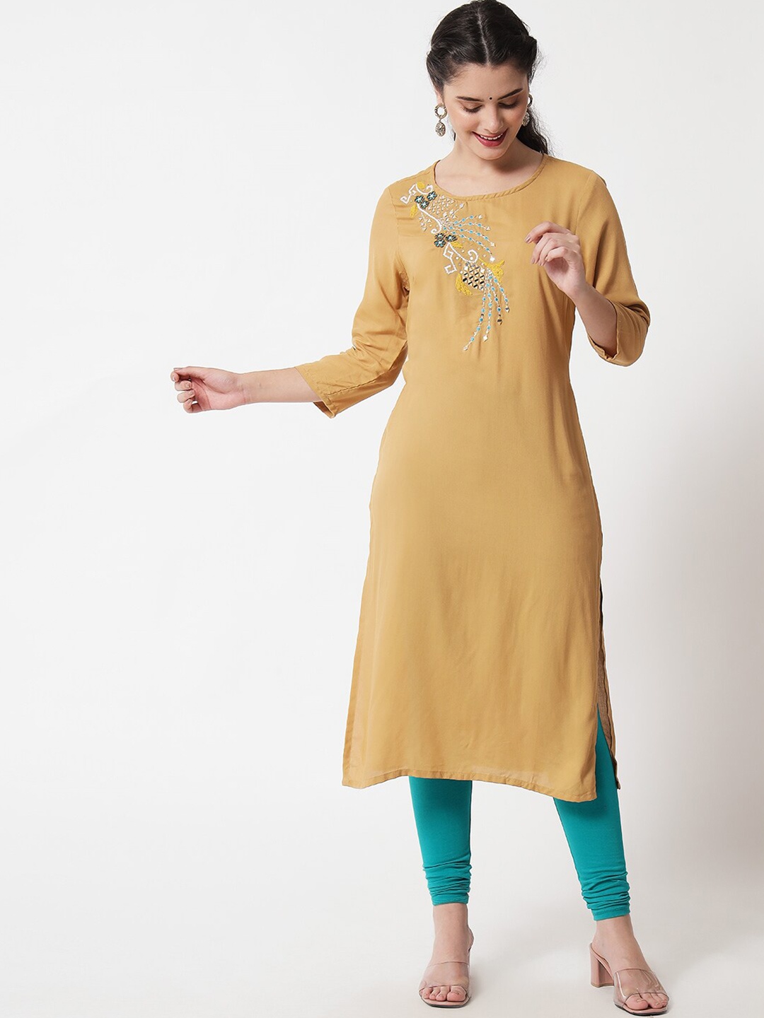 

soan Women Mustard Yellow & Blue Floral Embroidered Kurta