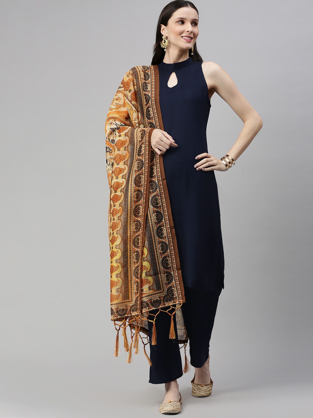 

flaher Women Navy Blue Solid Kurta with Palazzos & With Dupatta