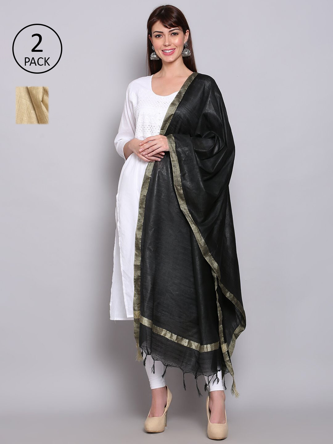 

Miaz Lifestyle Black Beige & Gold-Toned Art Silk Dupatta