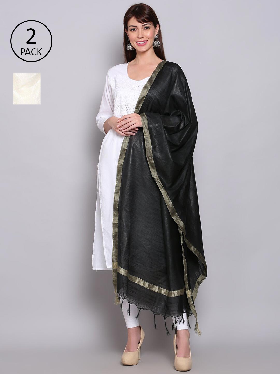 

Miaz Lifestyle White & Black Gold-Toned Art Silk Dupatta, Off white