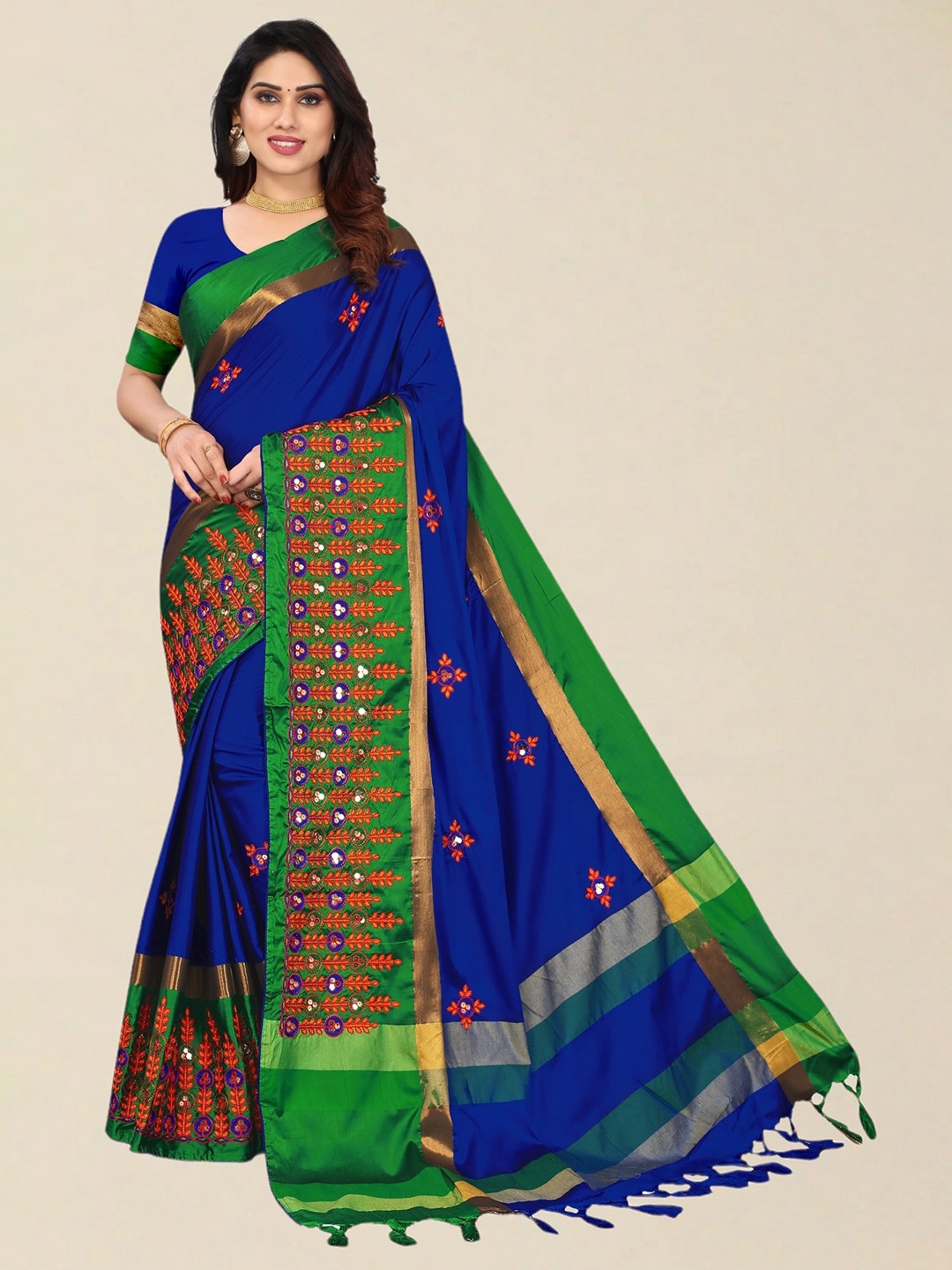 

SERONA FABRICS Blue & Green Embroidered Silk Cotton Saree