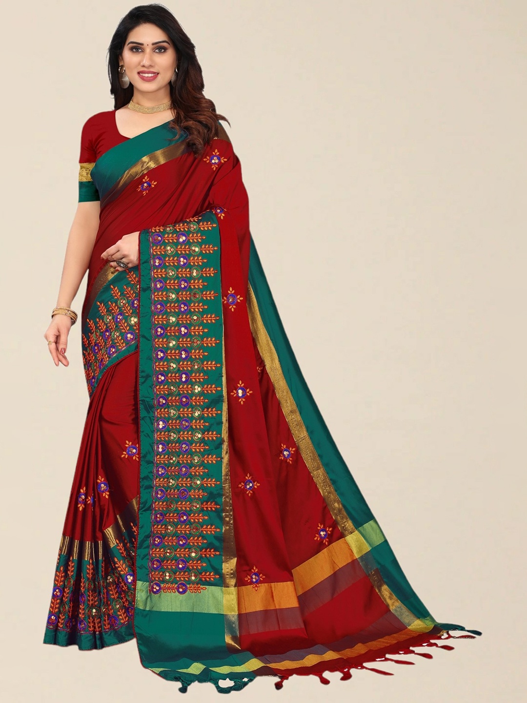 

SERONA FABRICS Red & Green Embroidered Silk Cotton Saree