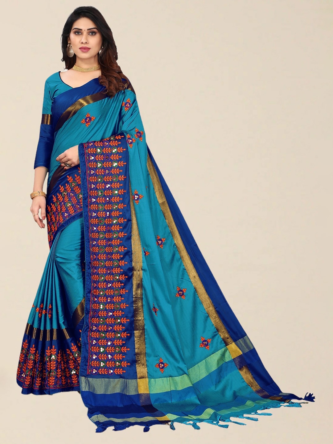 

SERONA FABRICS Turquoise Blue Embroidered Silk Cotton Saree