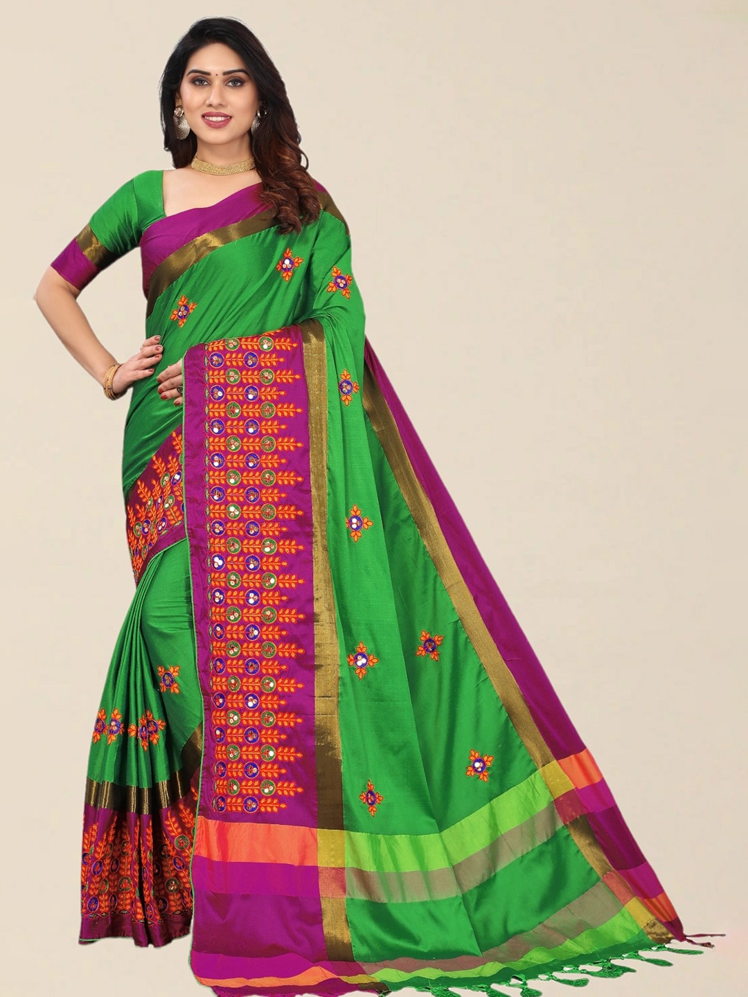 

SERONA FABRICS Green & Pink Embroidered Silk Cotton Saree