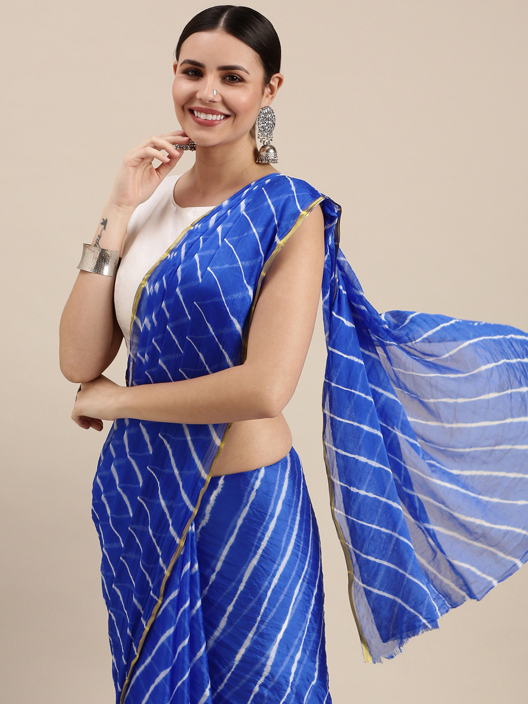 

KALINI Blue & White Leheriya Saree