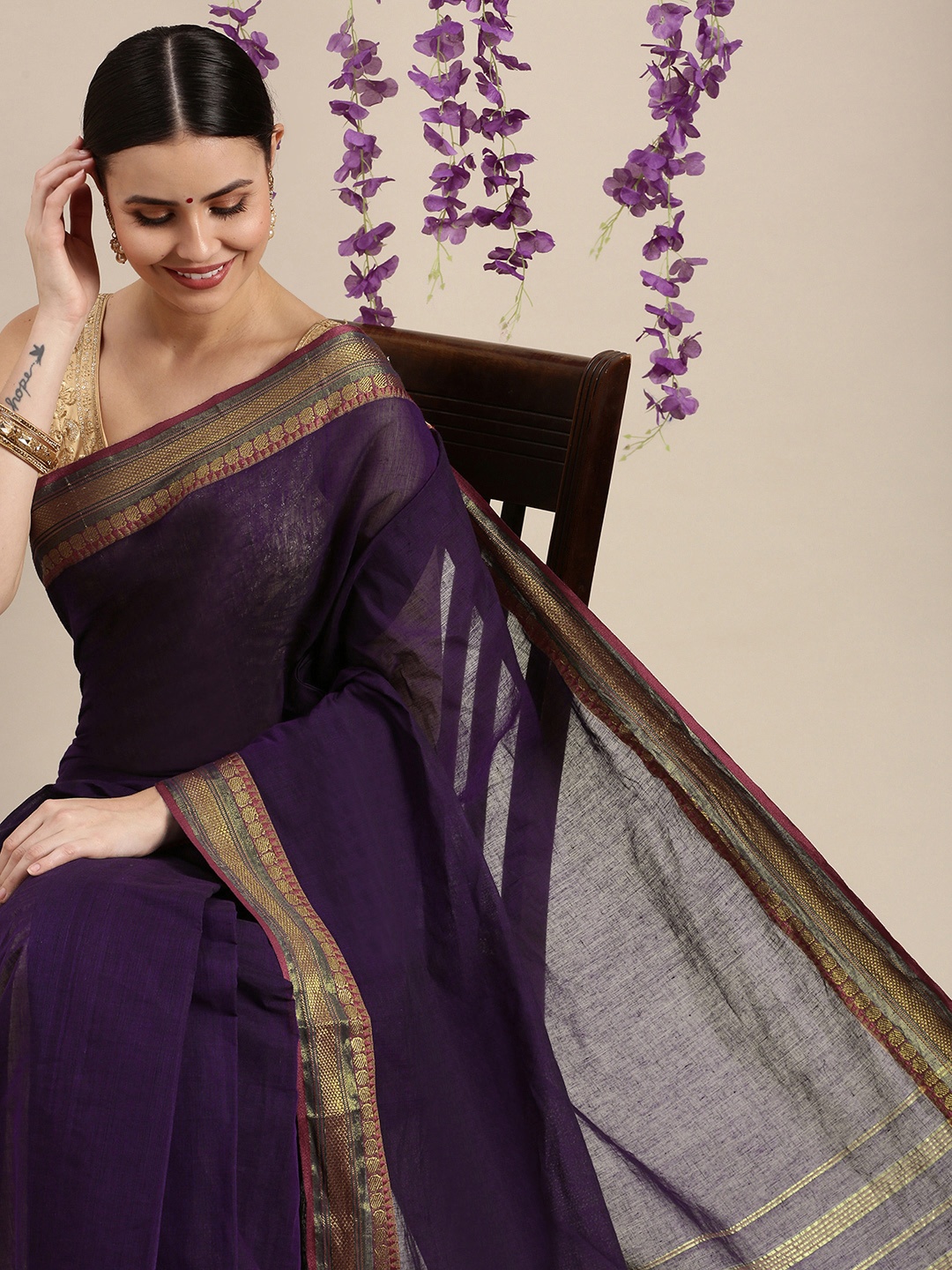 

KALINI Purple Solid Pure Cotton Paithani Saree