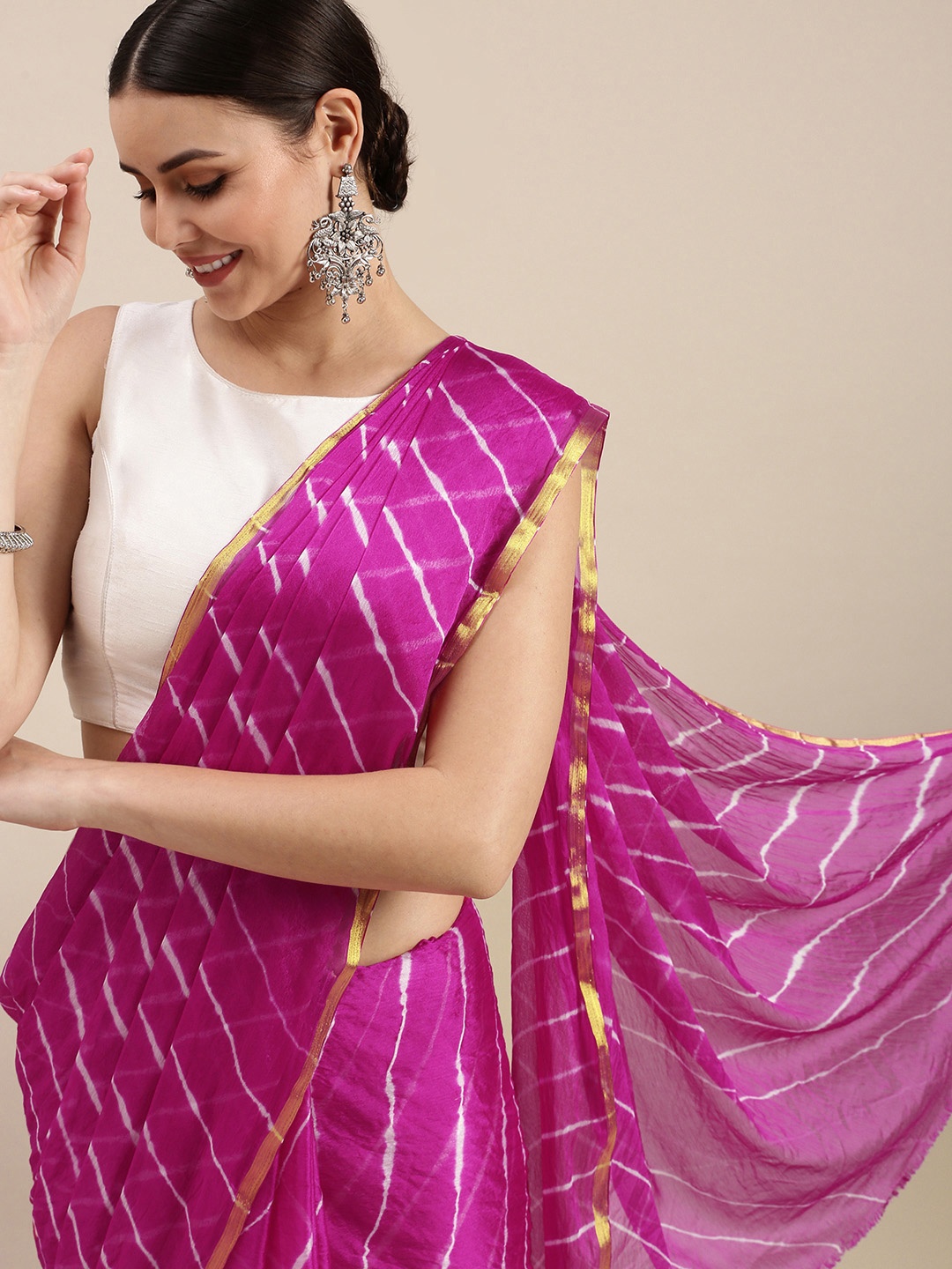 

KALINI Pink & White Leheriya Saree