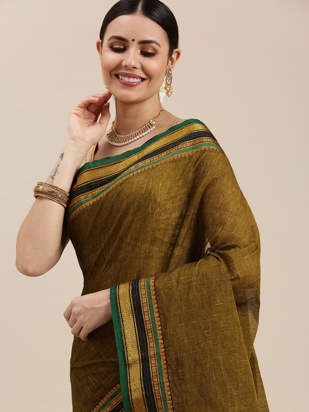 

KALINI Mustard Yellow Solid Pure Cotton Paithani Saree