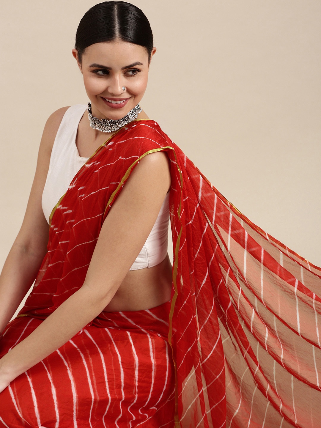 

KALINI Red & White Leheriya Saree