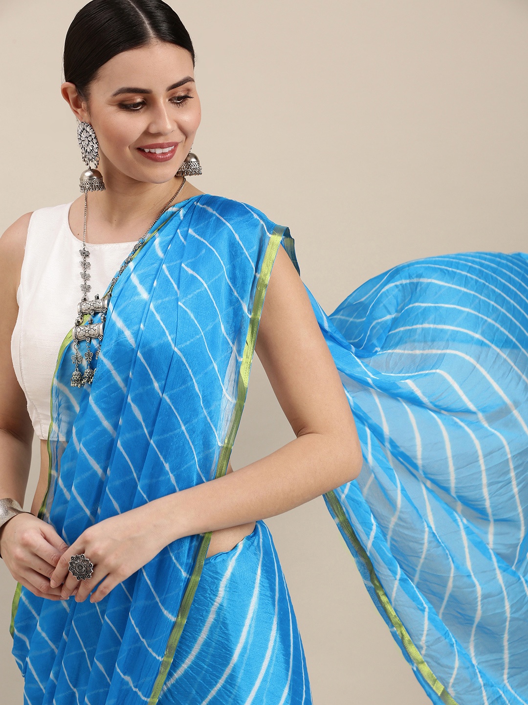 

KALINI Blue & White Leheriya Saree