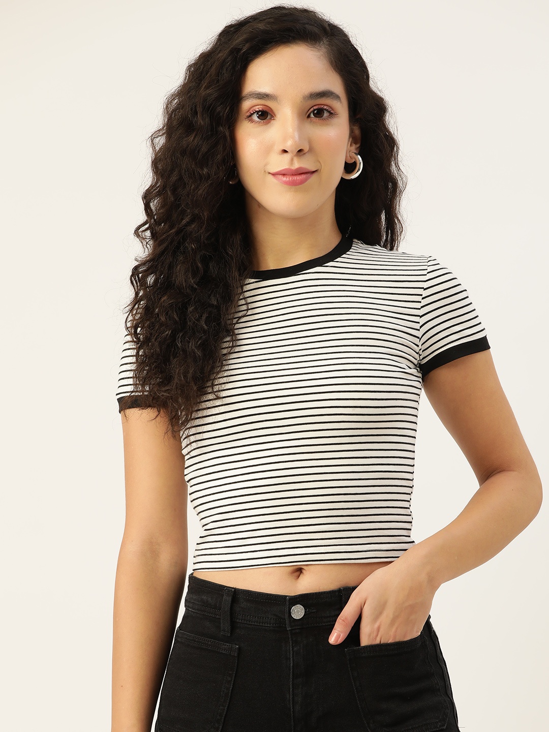 

Femea Women White and Black Pure Cotton Striped Twisted Crop Top