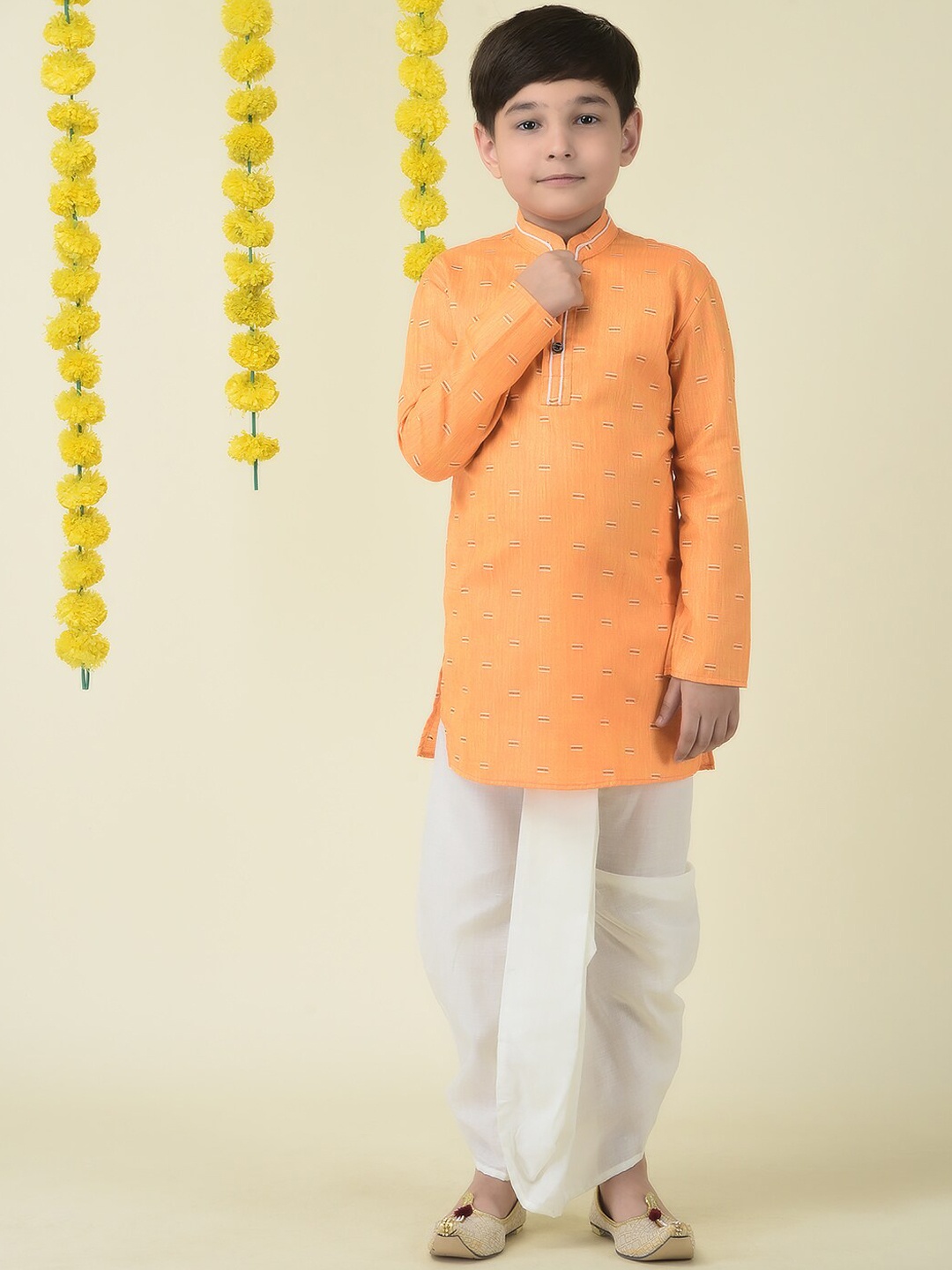 

YK Boys Boys Orange Straight Mandarin Collar Cotton Kurta with Dhoti Pants