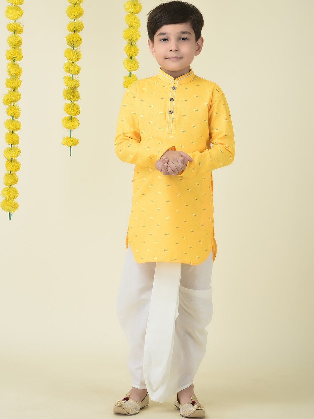 

YK Boys Boys Yellow Straight Mandarin Collar Cotton Kurta with Dhoti Pants