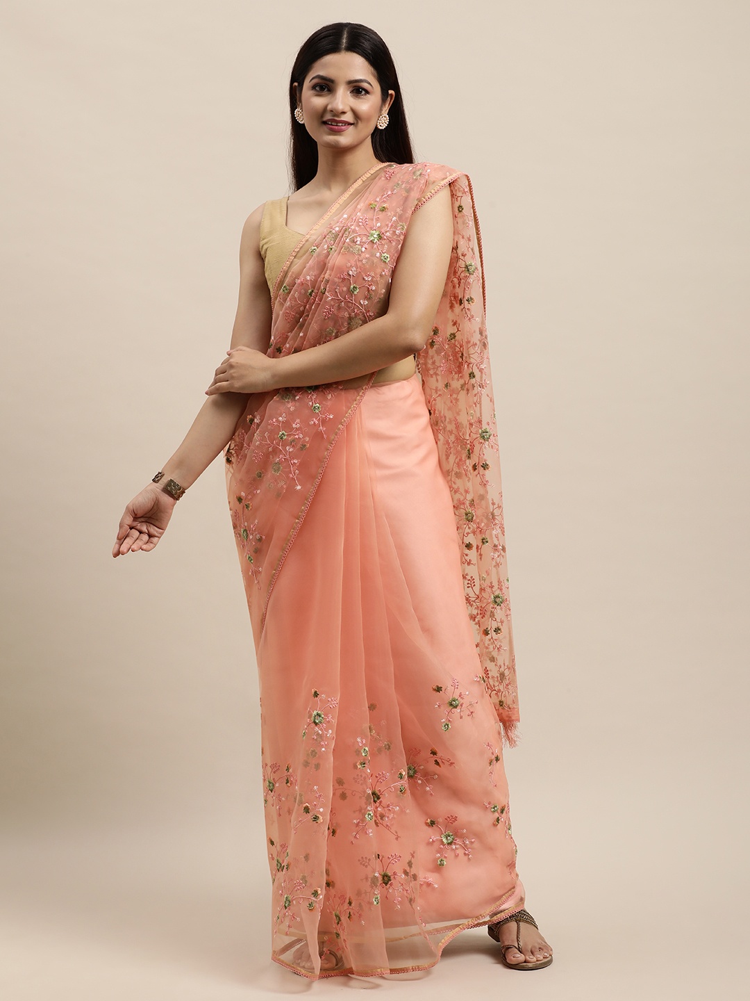 

MOHEY Peach-Coloured Floral Organza Saree
