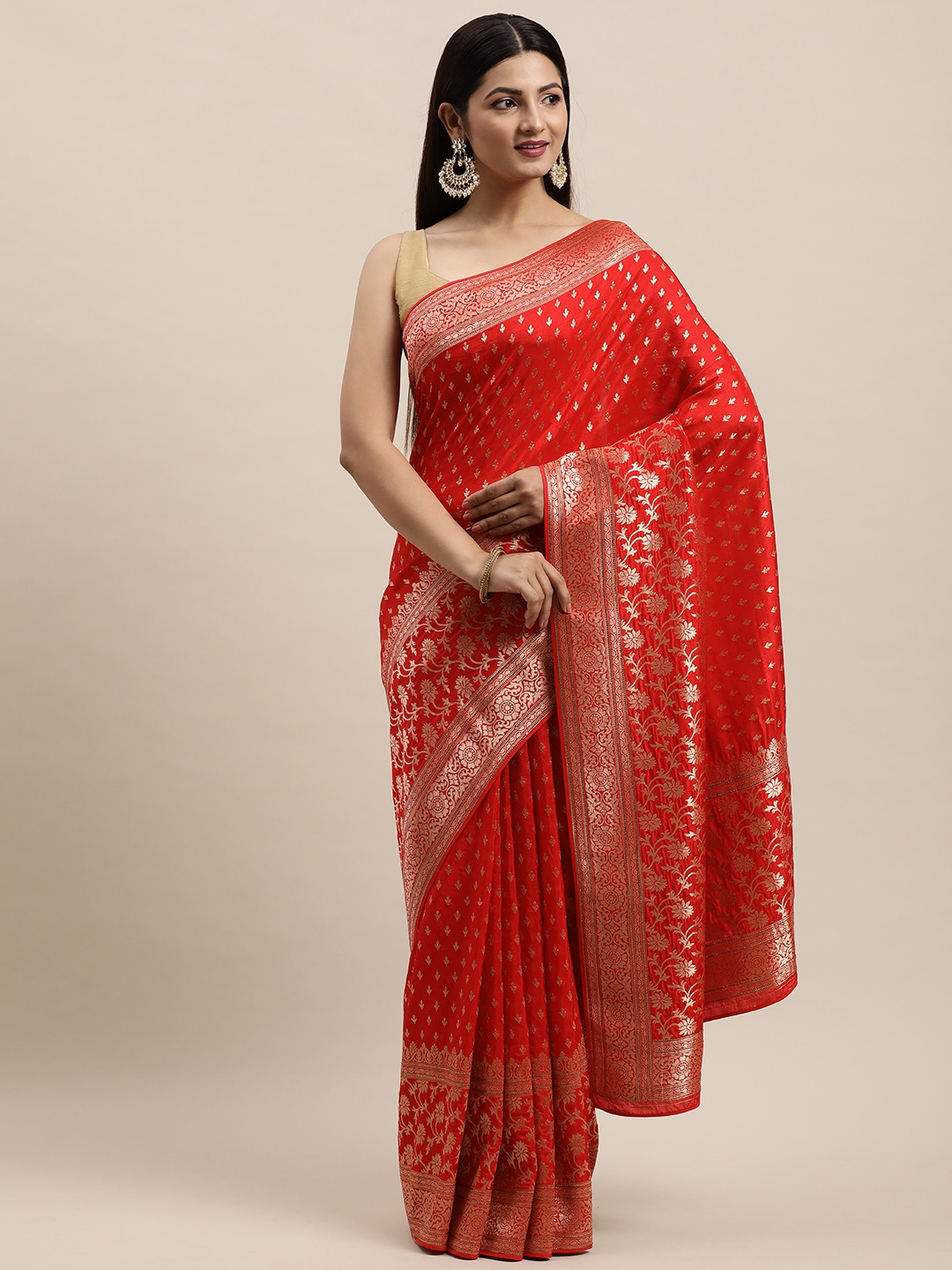 

MOHEY Red Ethnic Motifs Silk Blend Saree