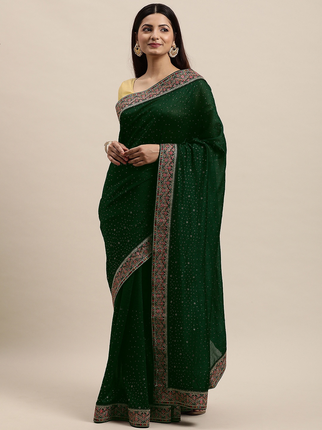 

MOHEY Green Woven Design Beads and Stones Art Silk Saree