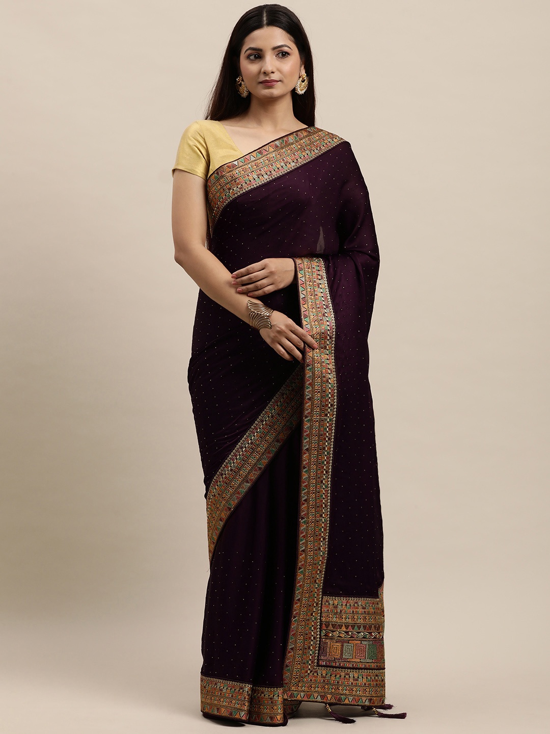 

MOHEY Burgundy Woven Design Beads and Stones Satin Saree