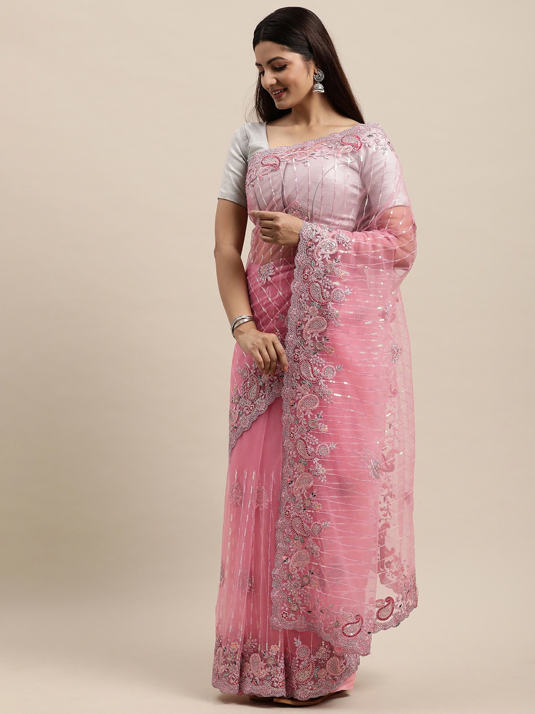 

MOHEY Pink Ethnic Motifs Sequinned Net Saree