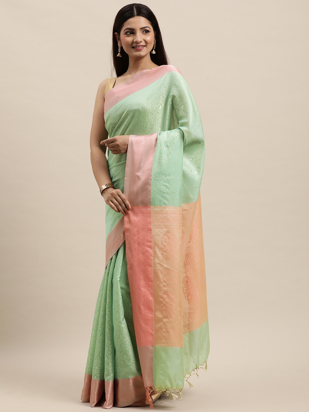 

MOHEY Green & Pink Ethnic Motifs Art Silk Saree