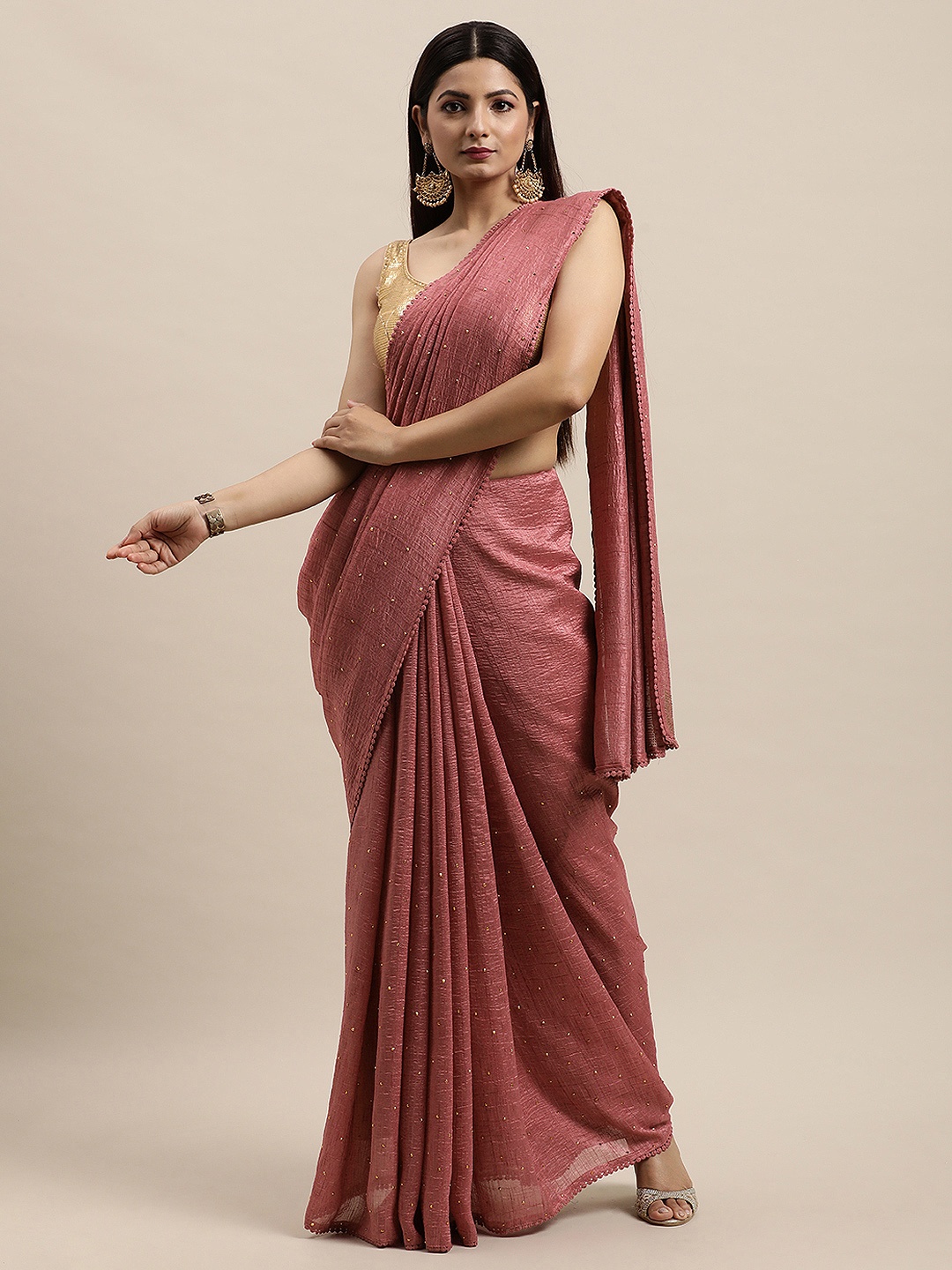 

MOHEY Pink Ethnic Motifs Beads and Stones Art Silk Saree