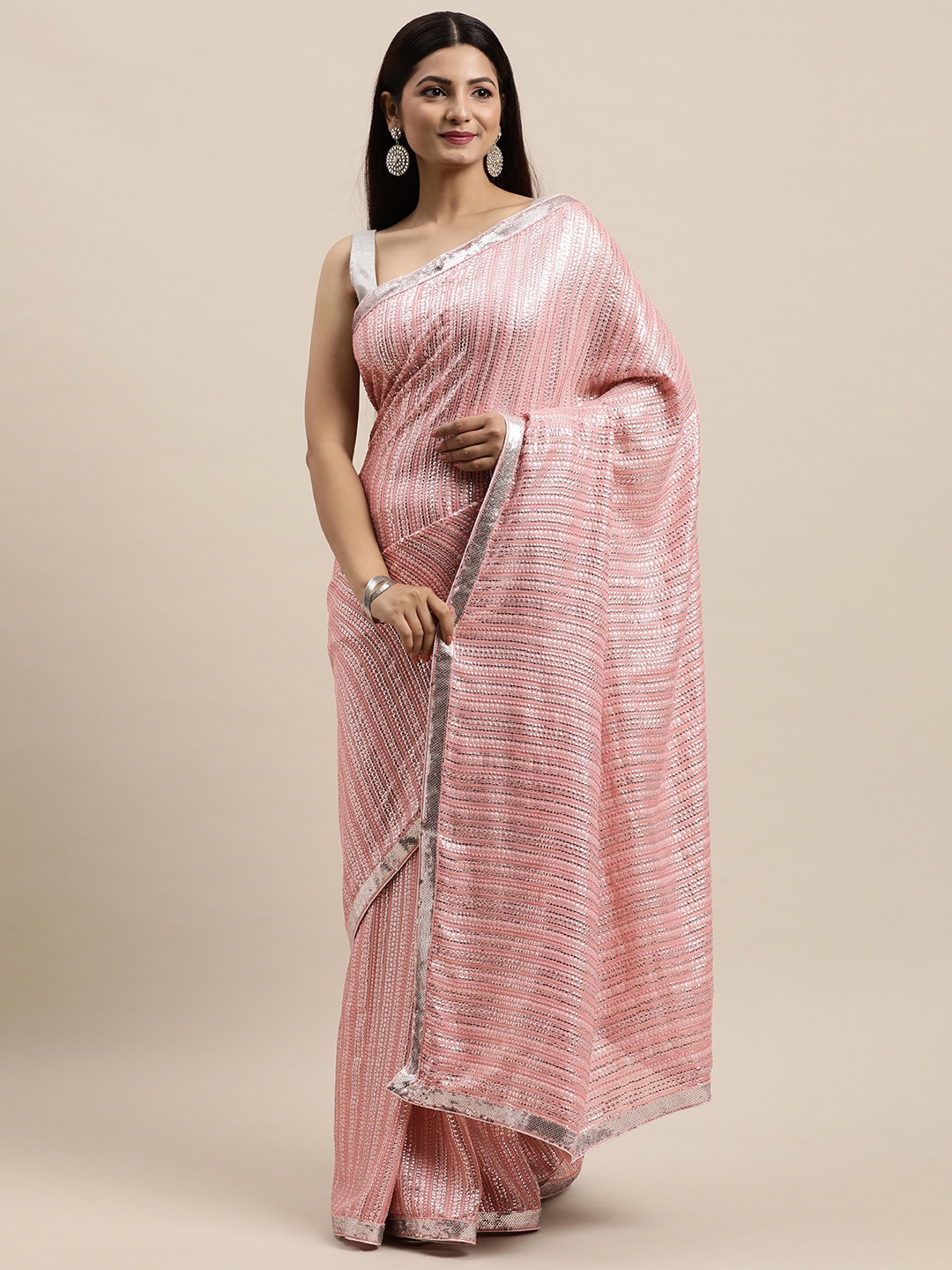 

MOHEY Pink Embellished Pure Georgette Saree