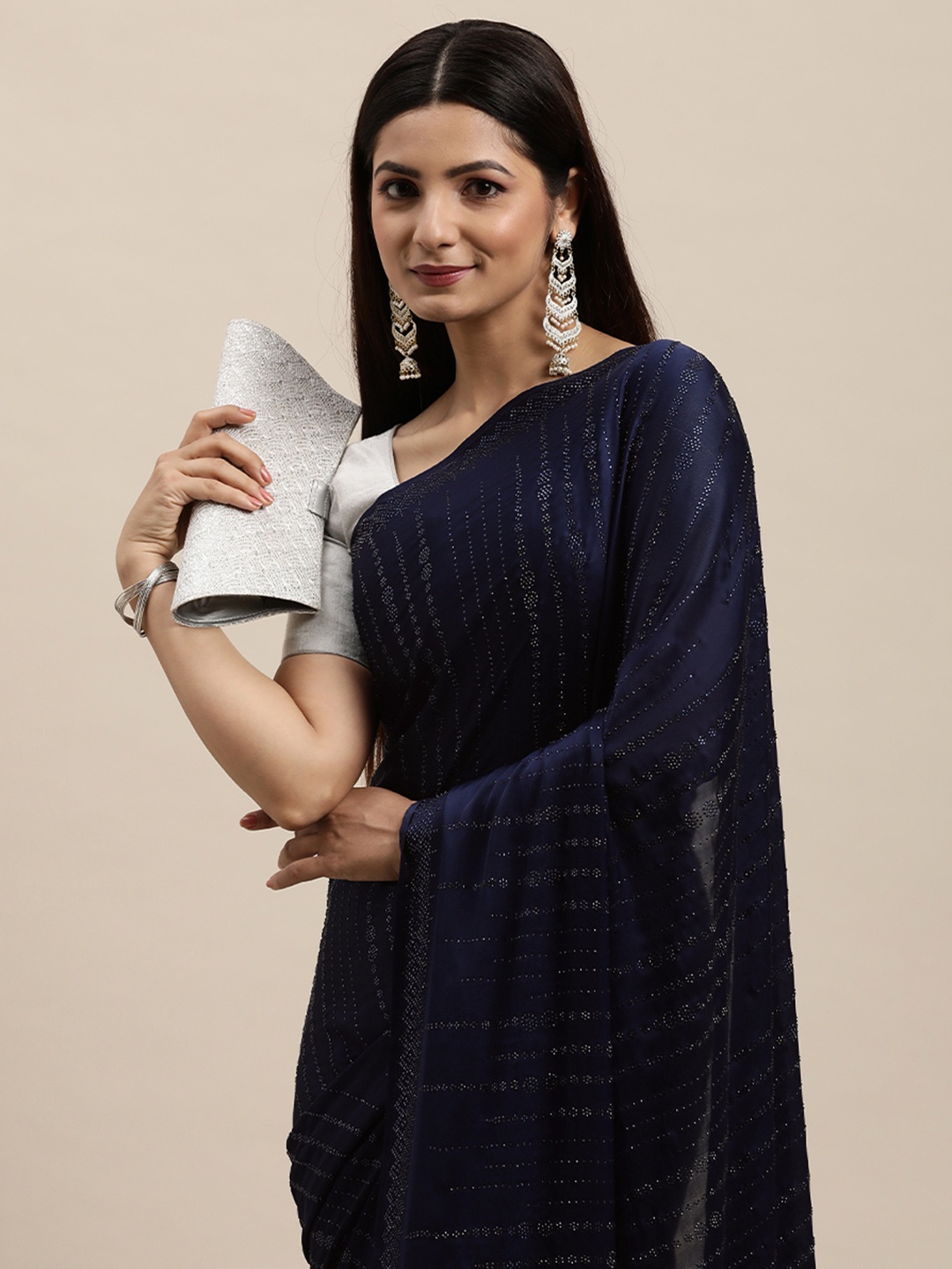 

MOHEY Navy Blue Embellished Beads and Stones Satin Saree