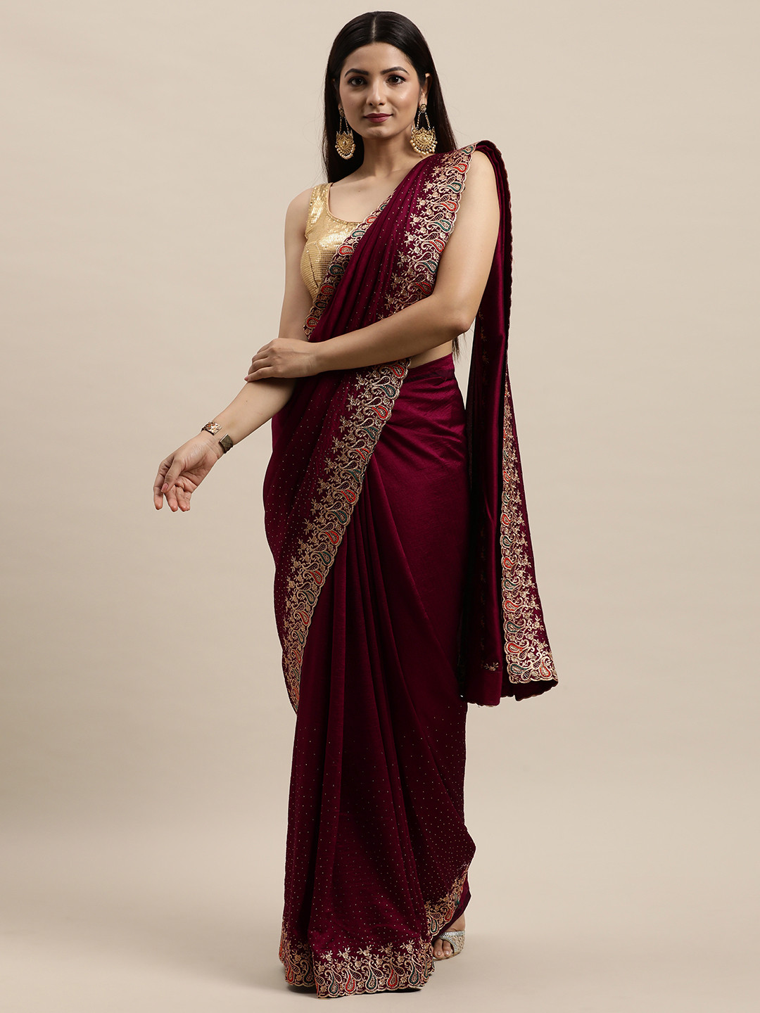 

MOHEY Maroon & Gold Embellished Art Silk Saree