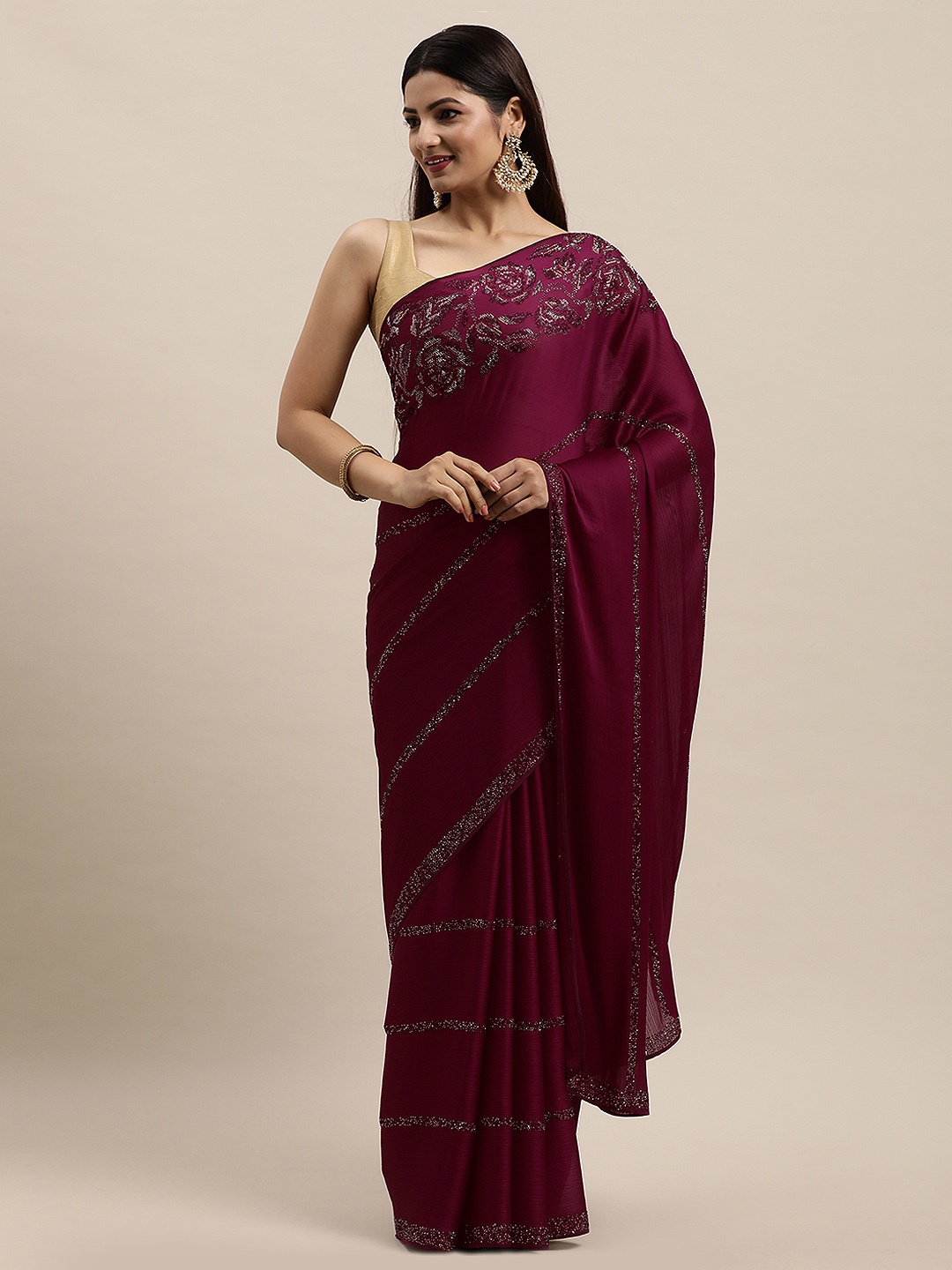 

MOHEY Burgundy Embellished Beads and Stones Pure Chiffon Saree