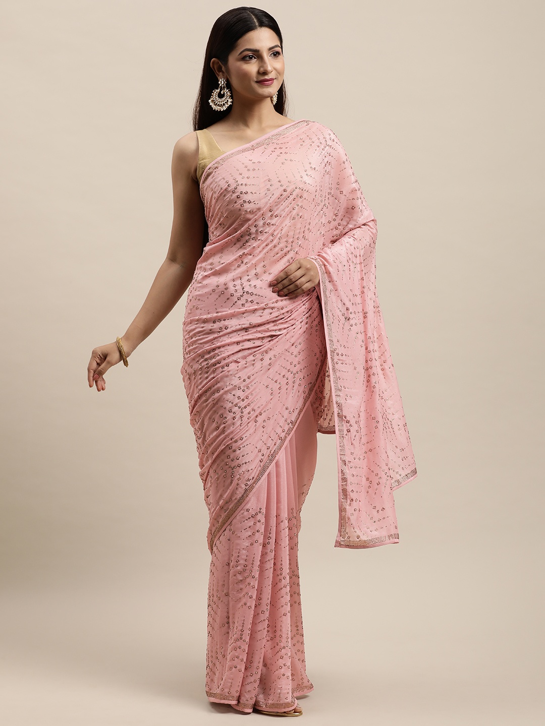 

MOHEY Pink Embellished Beads and Stones Saree