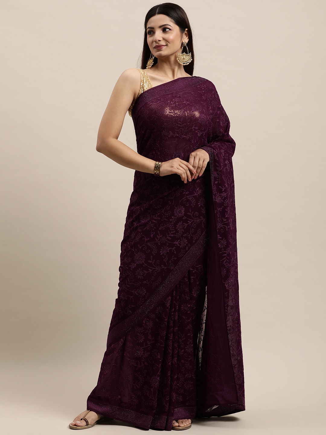 

MOHEY Burgundy Floral Beads and Stones Pure Georgette Saree