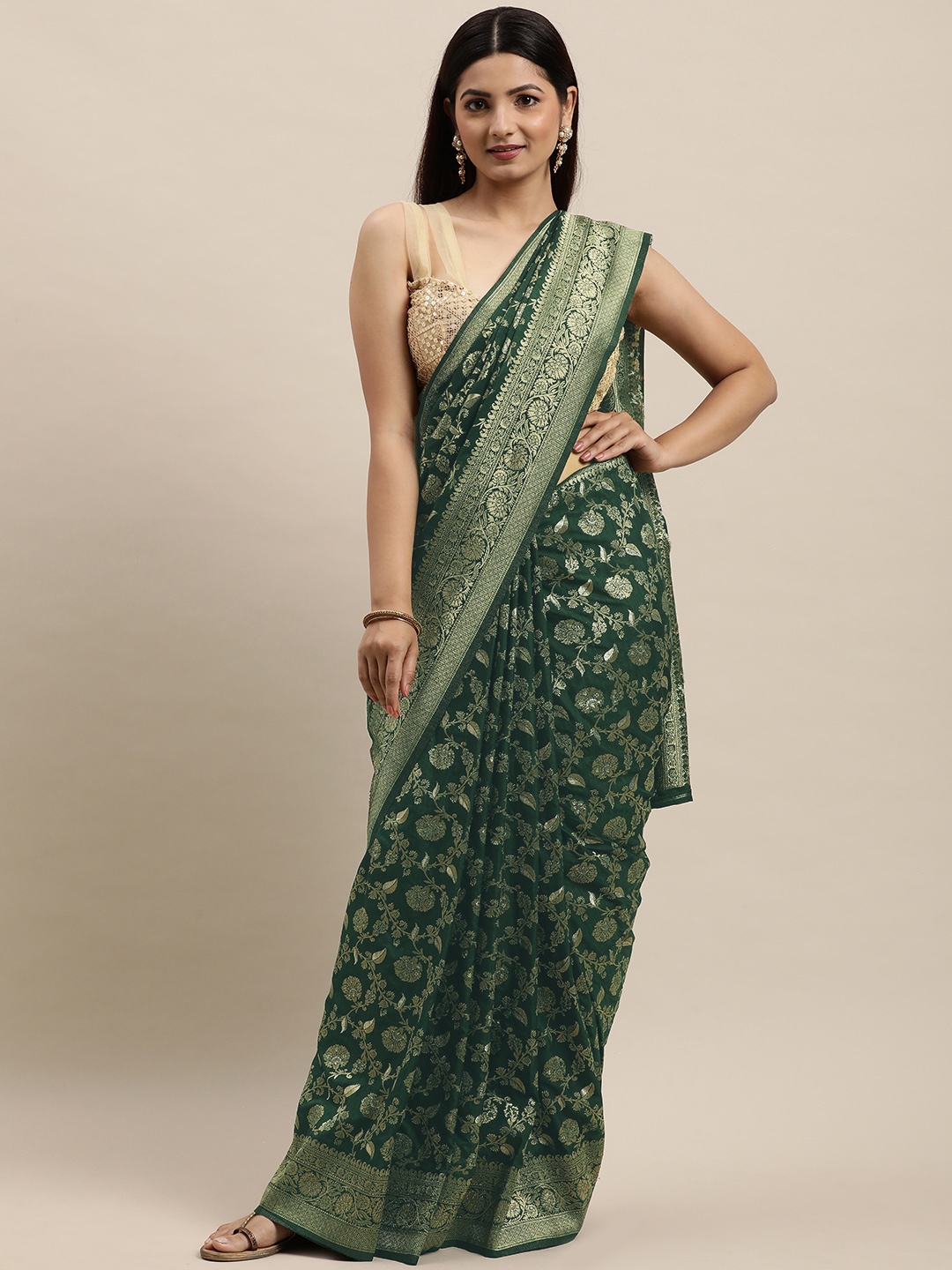 

MOHEY Green & Gold Ethnic Motifs Woven Design Art Silk Saree
