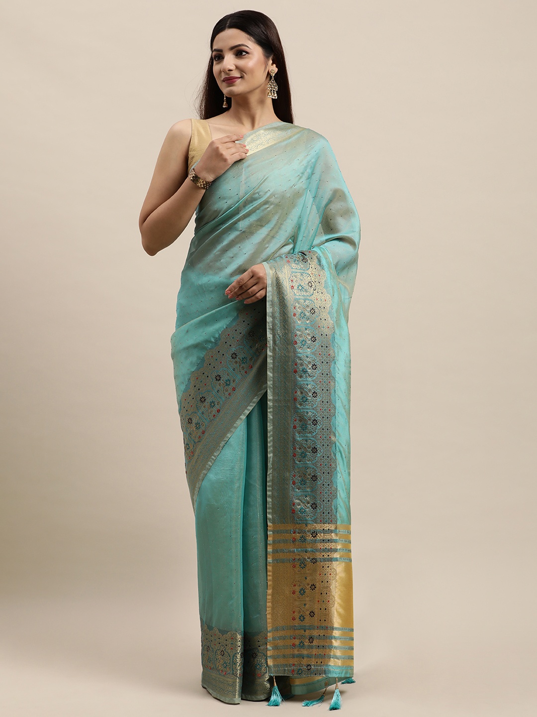 

MOHEY Blue Ethnic Motifs Beads and Stones Silk Blend Saree